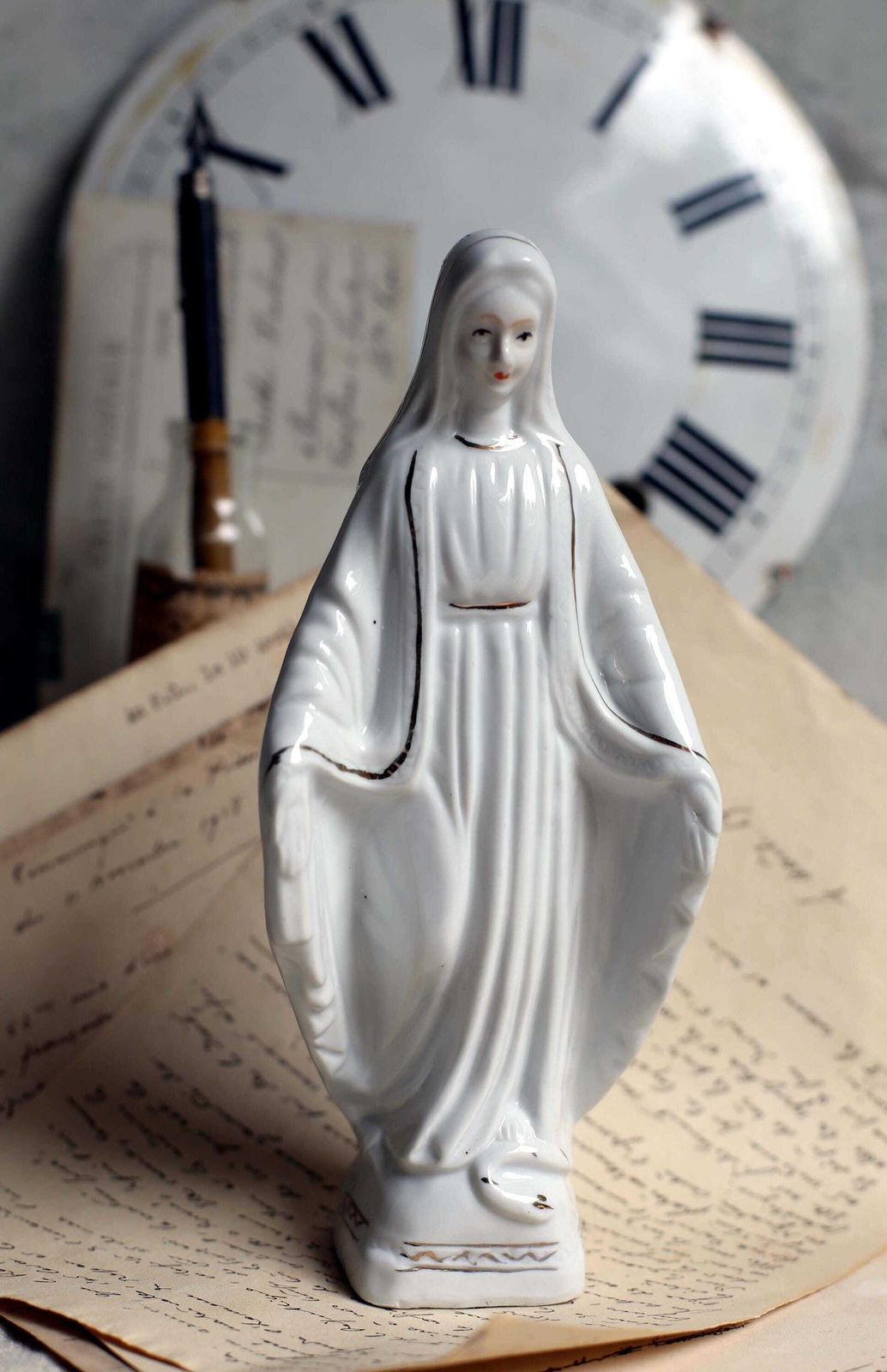 French Antique Virgin Mary Statue Porcelain Madonna Our Lady Of The Assumption Religious Statue
