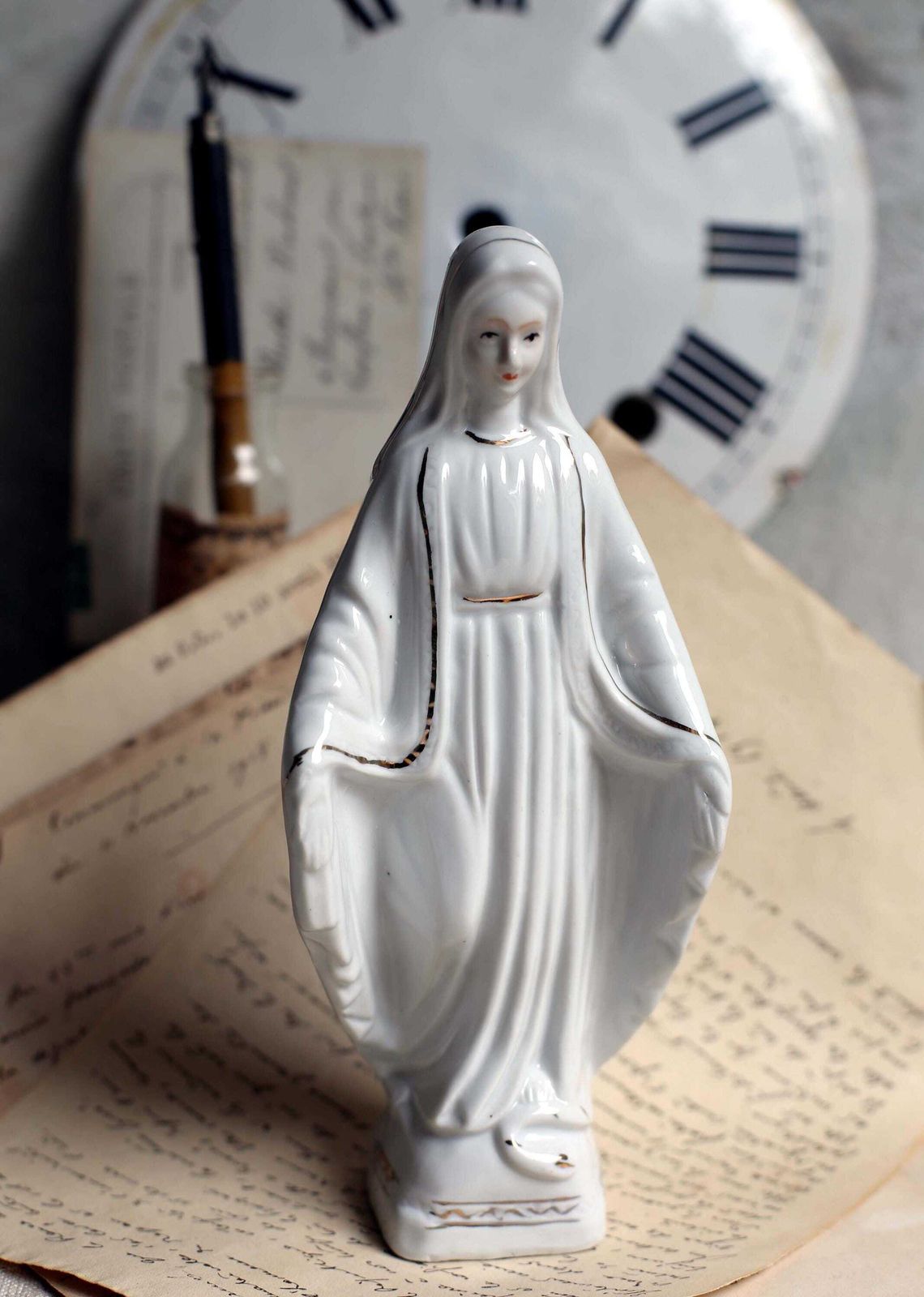 French Antique Virgin Mary Statue Porcelain Madonna Our Lady Of The Assumption Religious Statue photo for sale