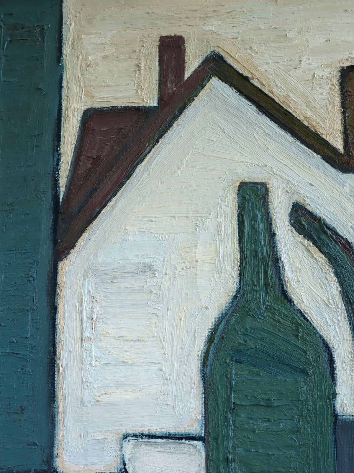 Green Vessels & House Form Oil Painting photo vintage