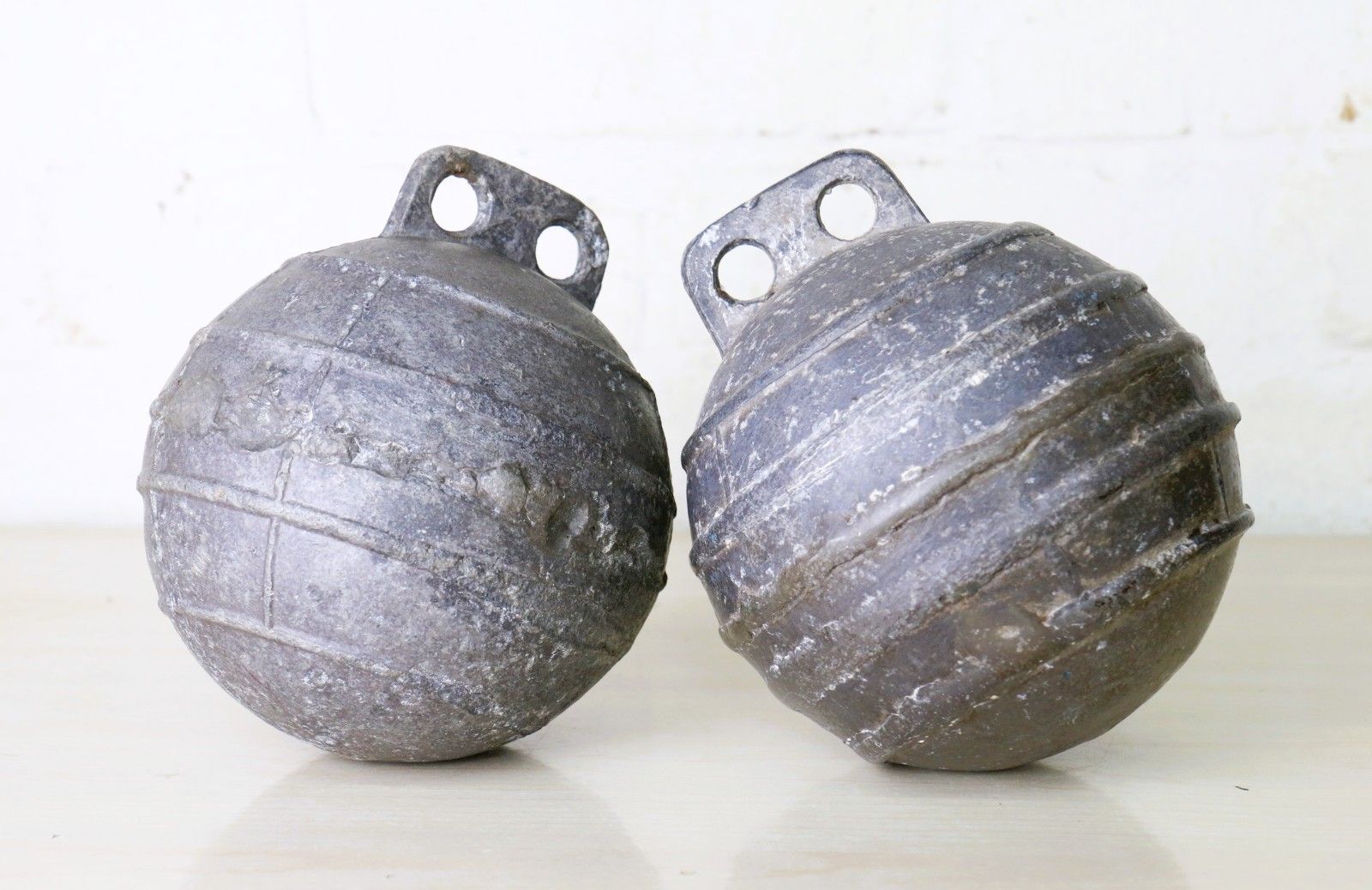 Two Vintage/Antique Old Alloy Sea Fishing Buoys Floats Well Used And Weathered