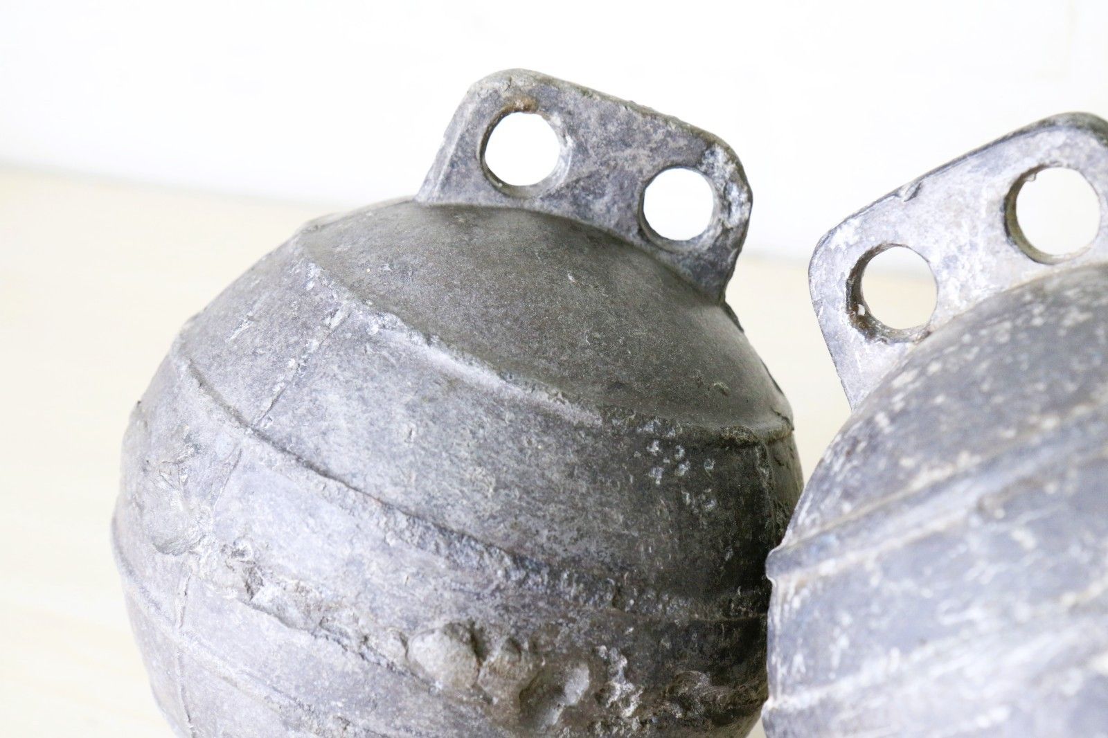Two Vintage/Antique Old Alloy Sea Fishing Buoys Floats Well Used And Weathered photo furniture