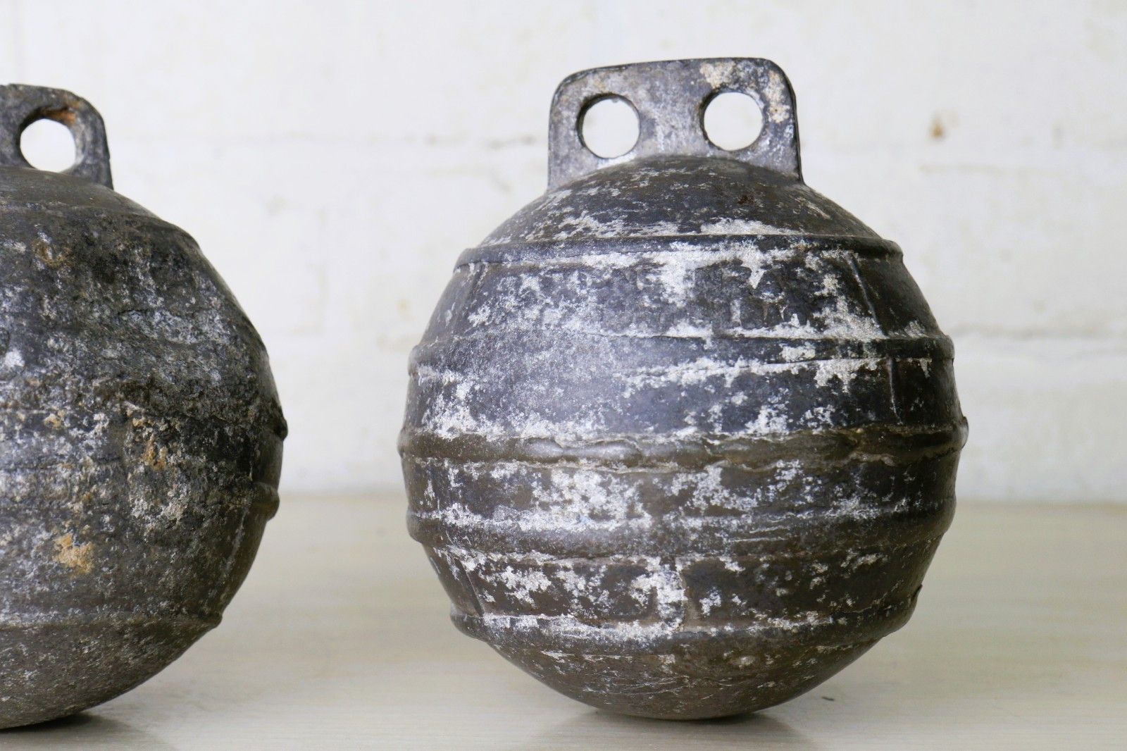 Two Vintage/Antique Old Alloy Sea Fishing Buoys Floats Well Used And Weathered photo vintage