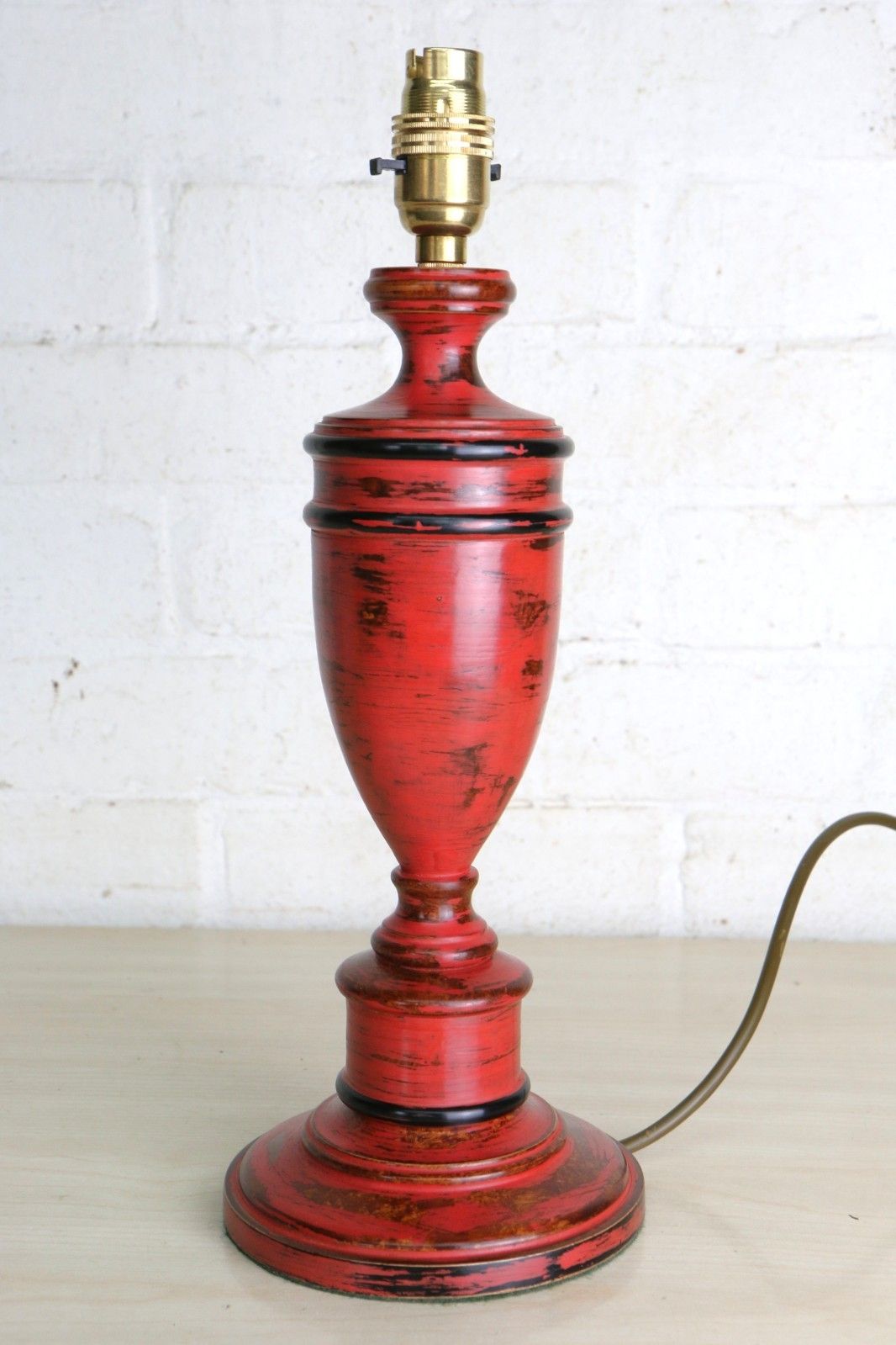 Table Lamp Vintage Turned Wooden Lamp Distressed Red Finish Antique Shaped 1980s photo furniture