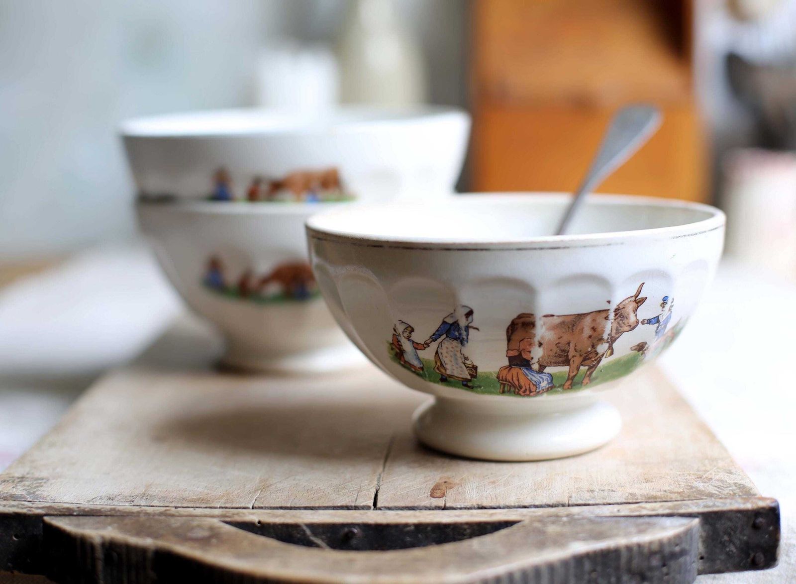 3 Antique French Cafe Au Lait Bowls Set Of Faceted Dishes Milk Maid Dairy Cows photo furniture