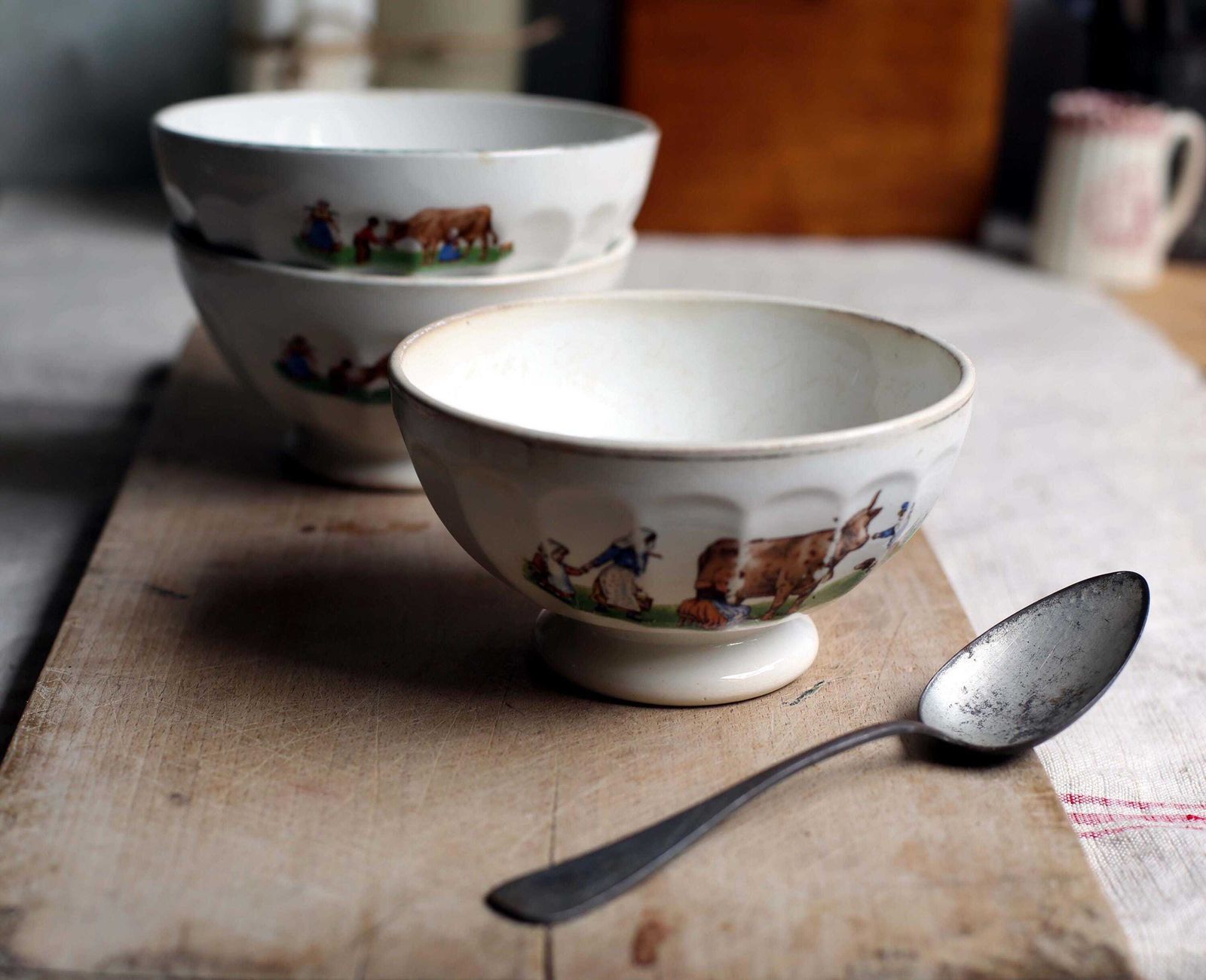 3 Antique French Cafe Au Lait Bowls Set Of Faceted Dishes Milk Maid Dairy Cows photo for sale