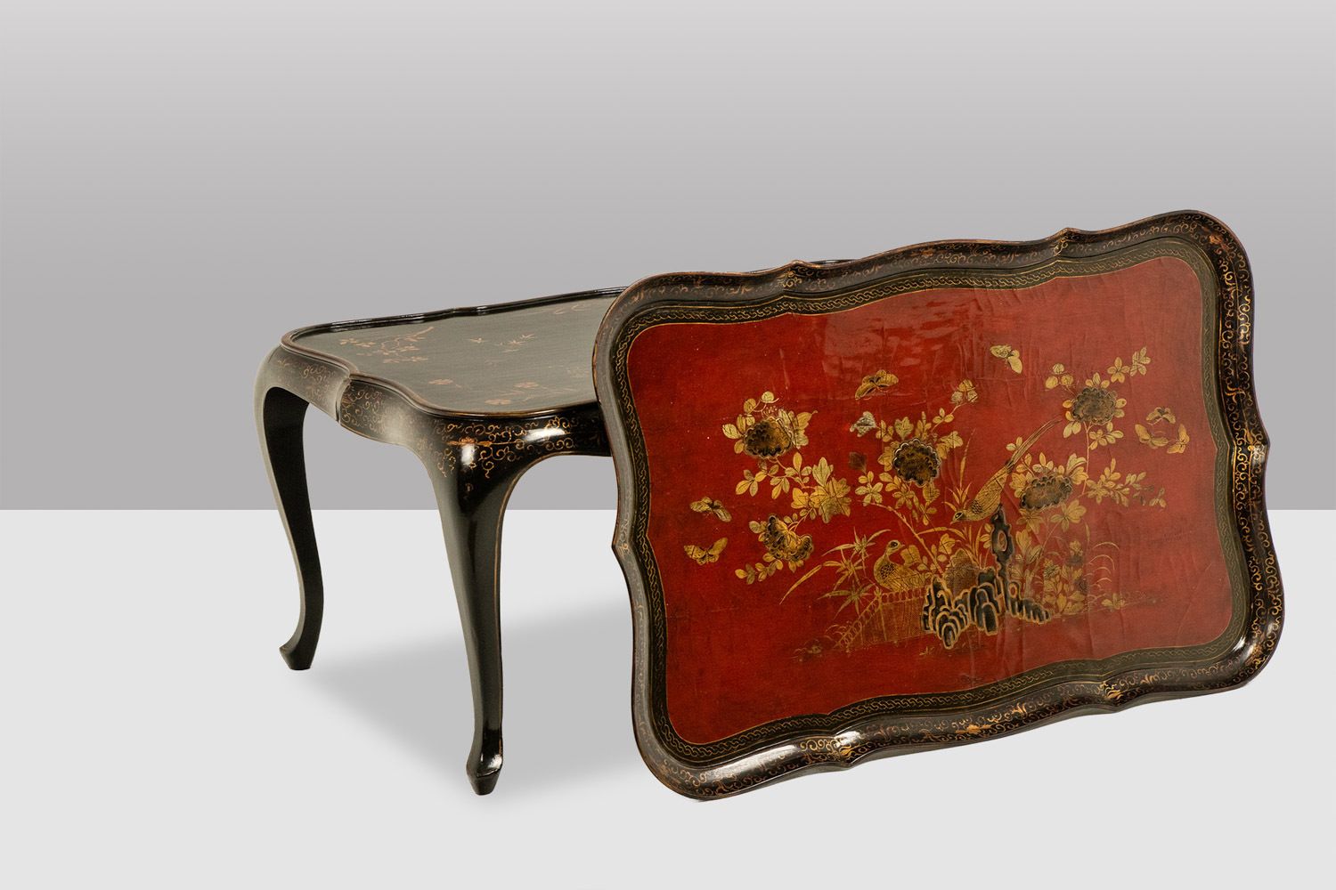 Coffee Table With A Removable Top, Made Of Red And Black Lacquered Wood. 1950s. photo furniture
