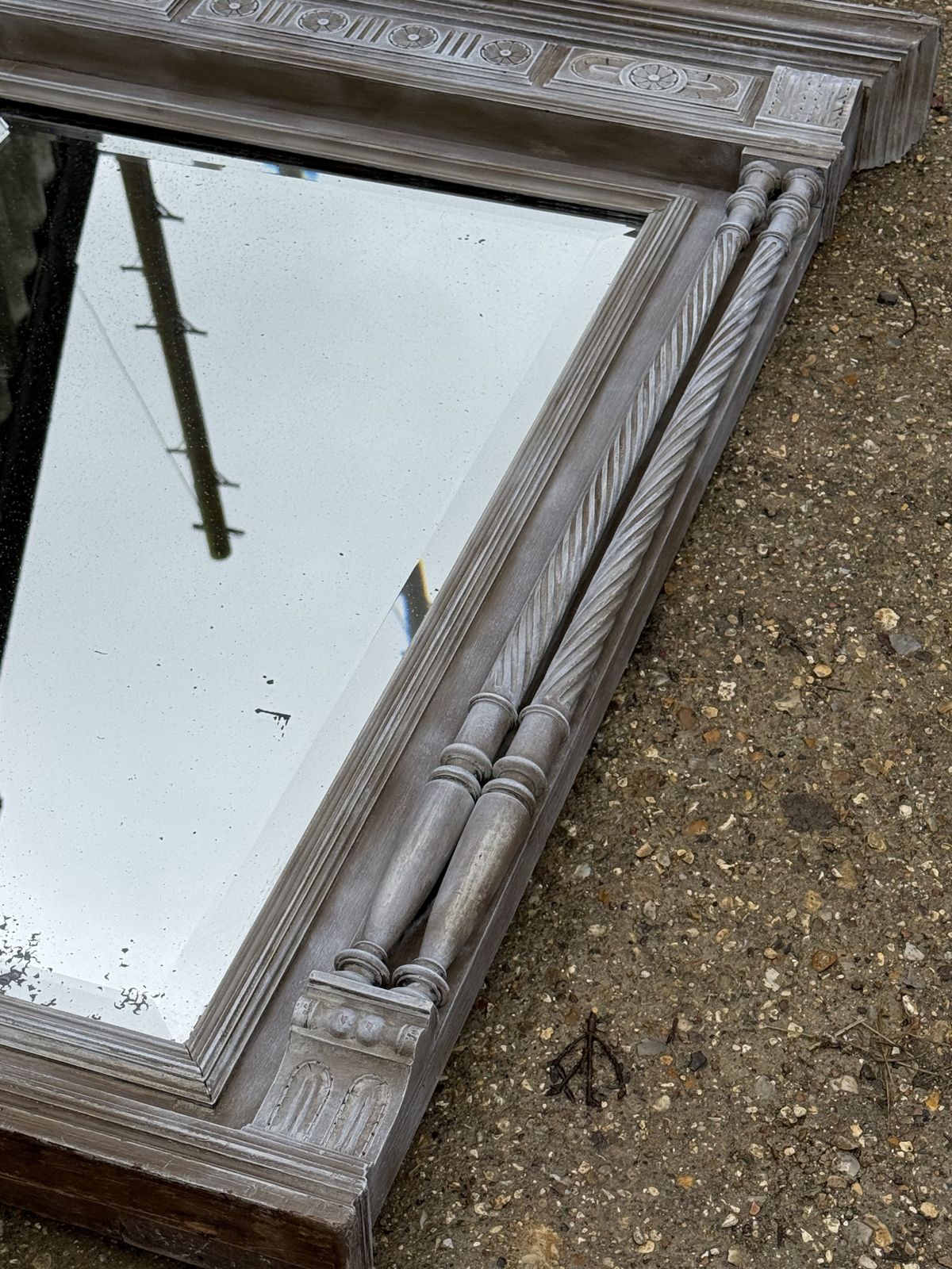 Limed Antique French Columned Empire Mirror Decorative Carved Wall Mirror photo for sale
