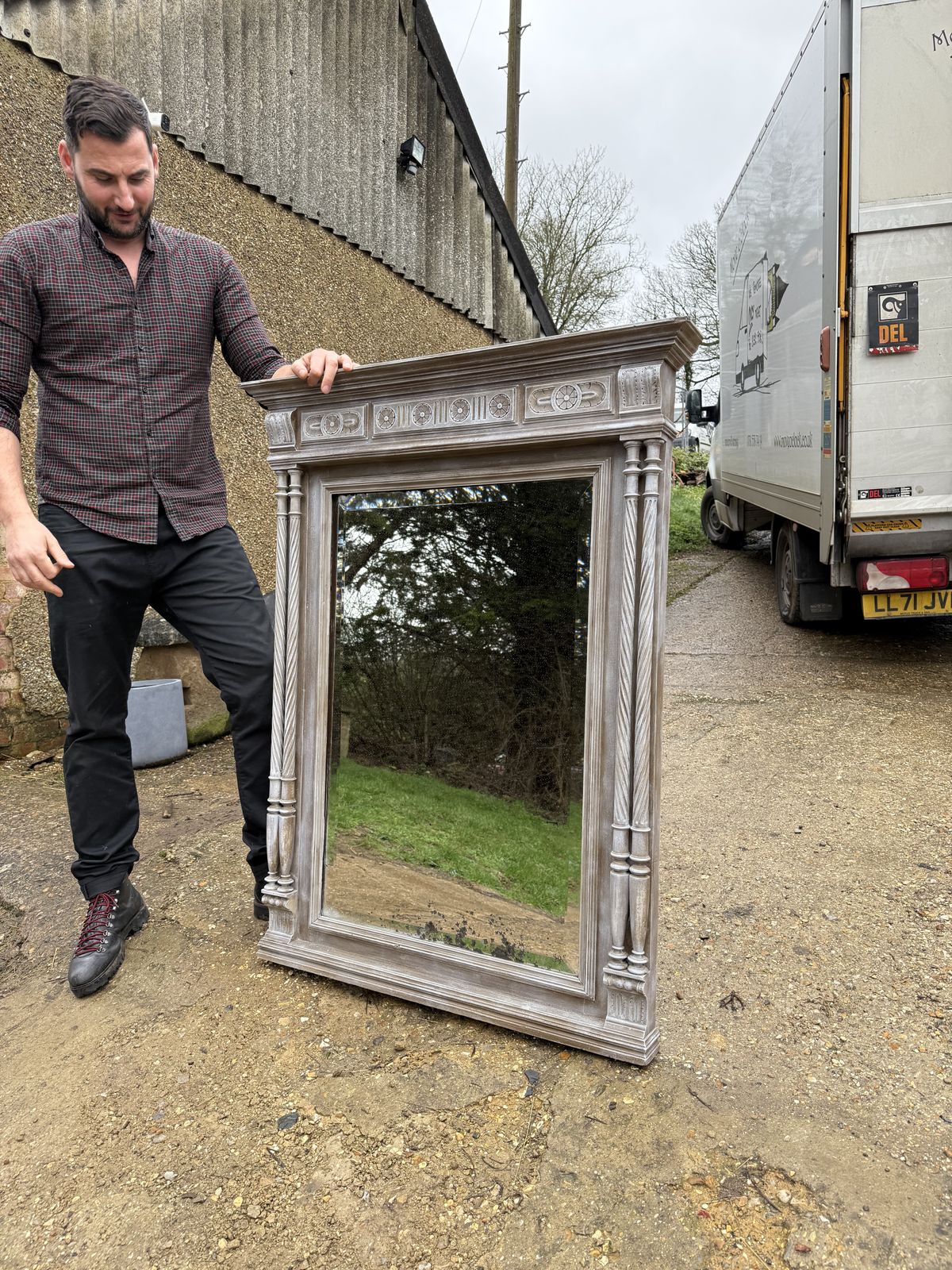 Limed Antique French Columned Empire Mirror Decorative Carved Wall Mirror photo vintage