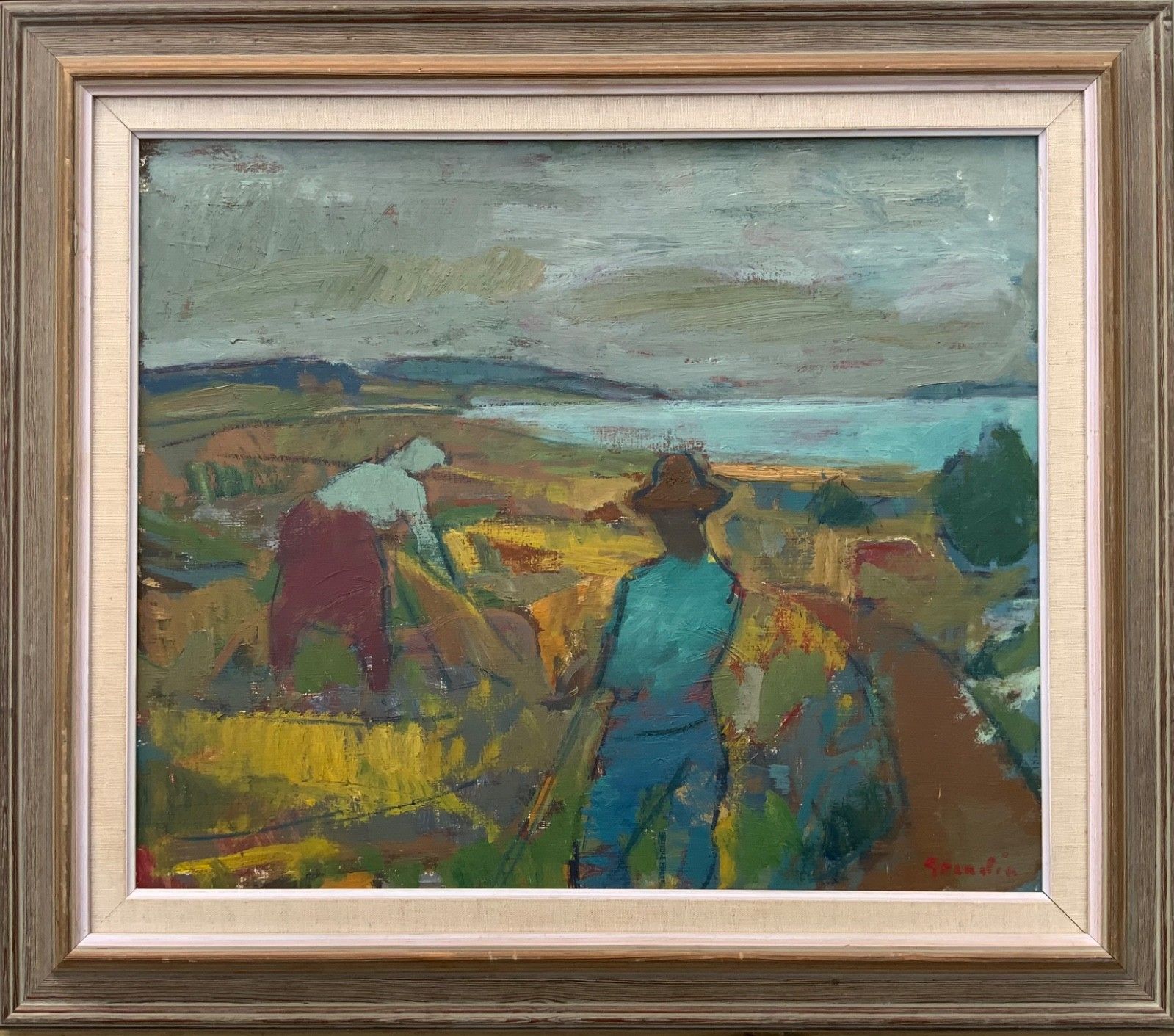 Svan Grandin (1906 1982) Vintage Schilderij Landschap "Harvesters", Gesigneerd photo vinterior