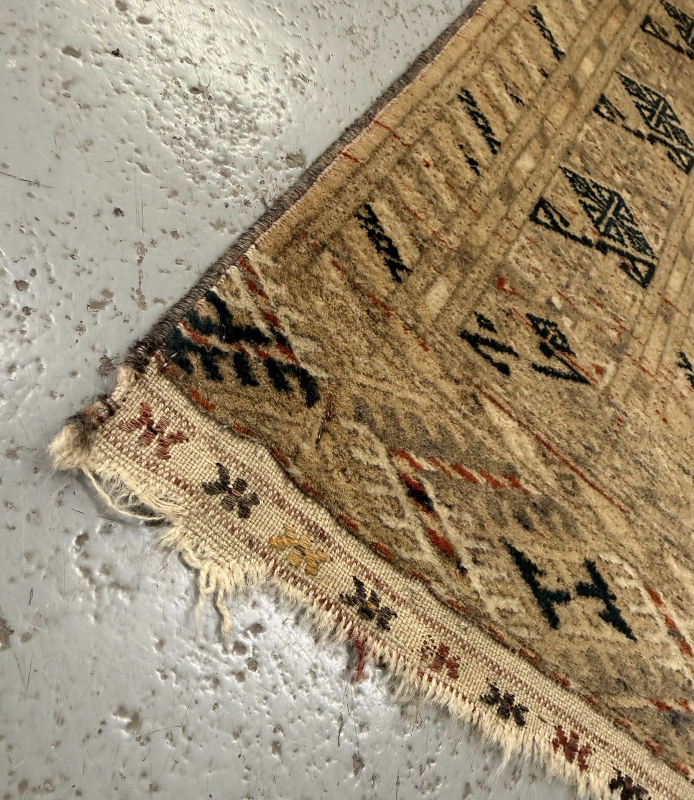 photo buy Mid Century Hand Knotted Afghan Bokhara Rug, Muted Earth Tones,