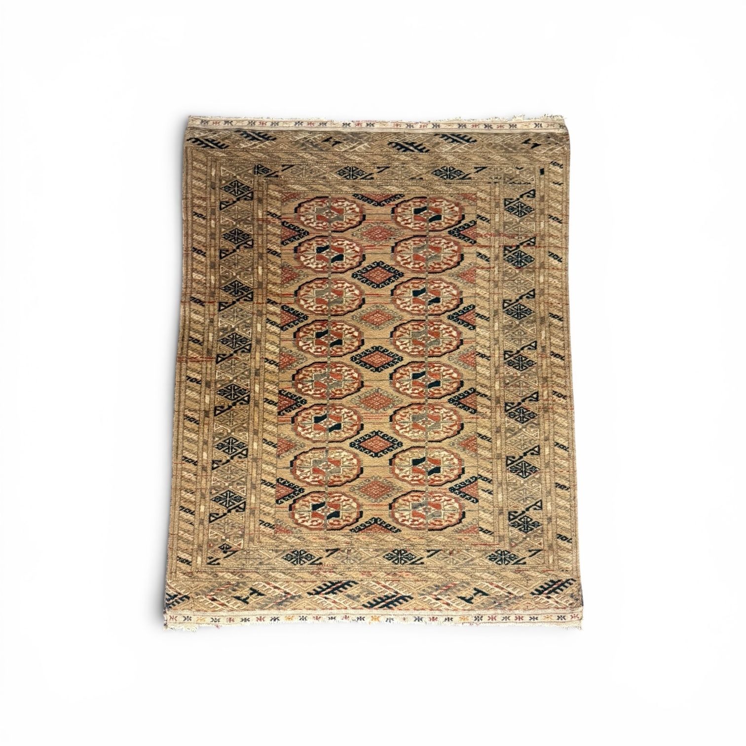 Mid Century Hand Knotted Afghan Bokhara Rug, Muted Earth Tones,