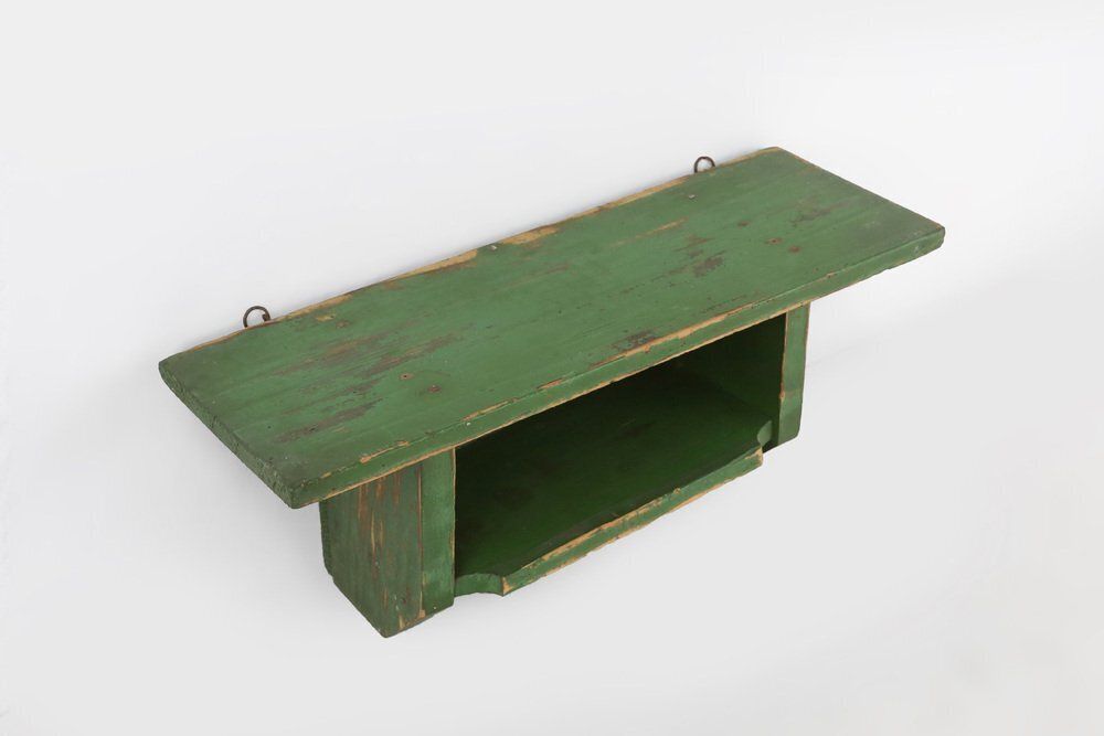 Small Rustic Green Wooden Wall Unit With Shelves, France, 1880s photo 738.0