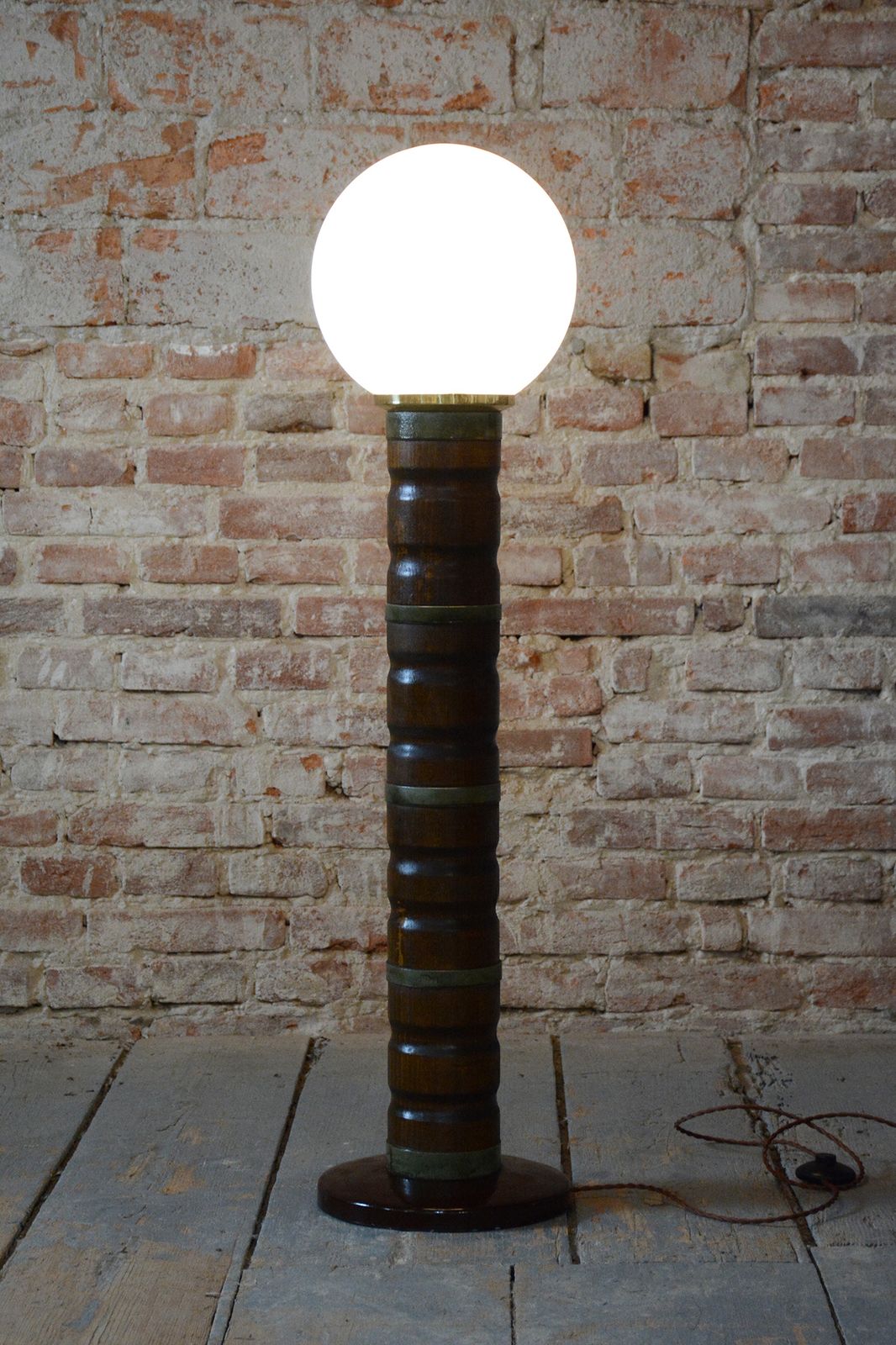 photo furniture Restored Art Deco Floor Lamp, Walnut, Brass, Milk Opaline Glass, Czech, 1930s