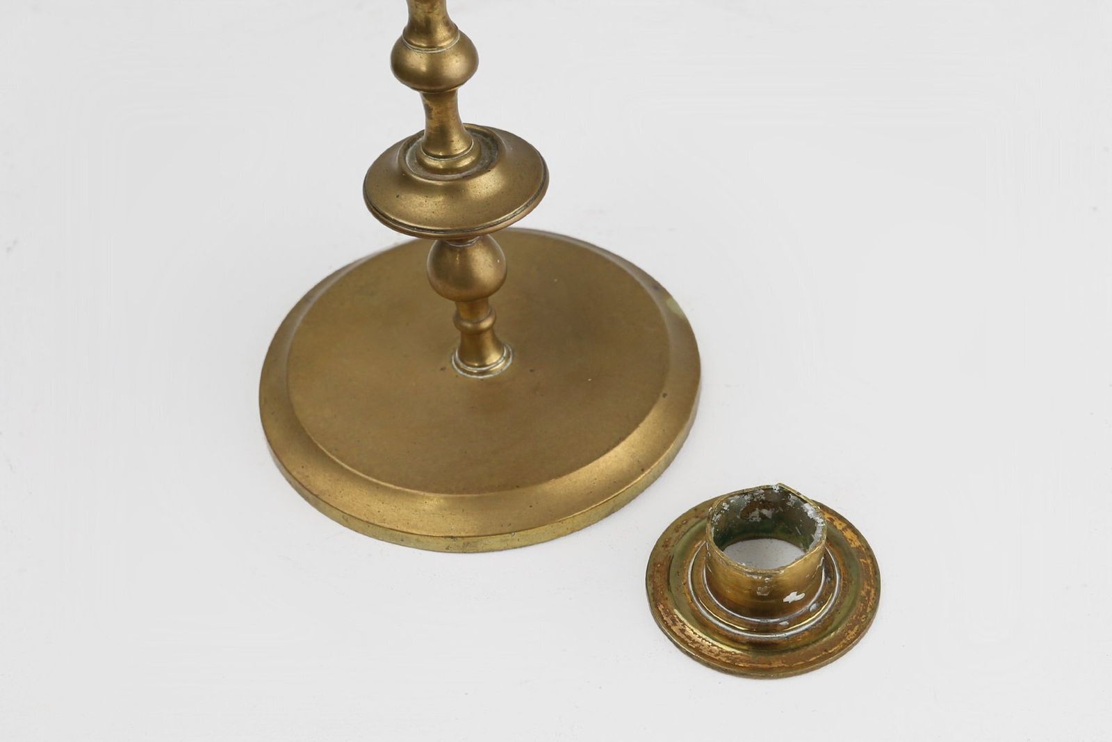 Antique Flemish Copper Disc Candlestick, 15th Century photo vintage