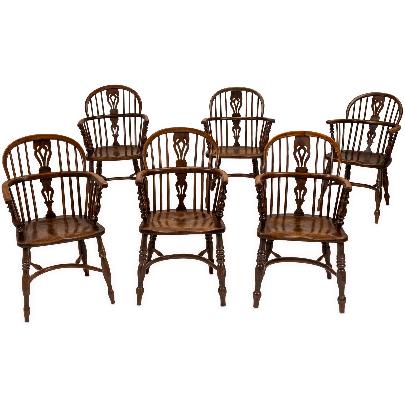 Matched Set Of Six Early 19th Century English Yew & Elm Windsor Armchairs With Crinoline Stretchers, C.1820–1840