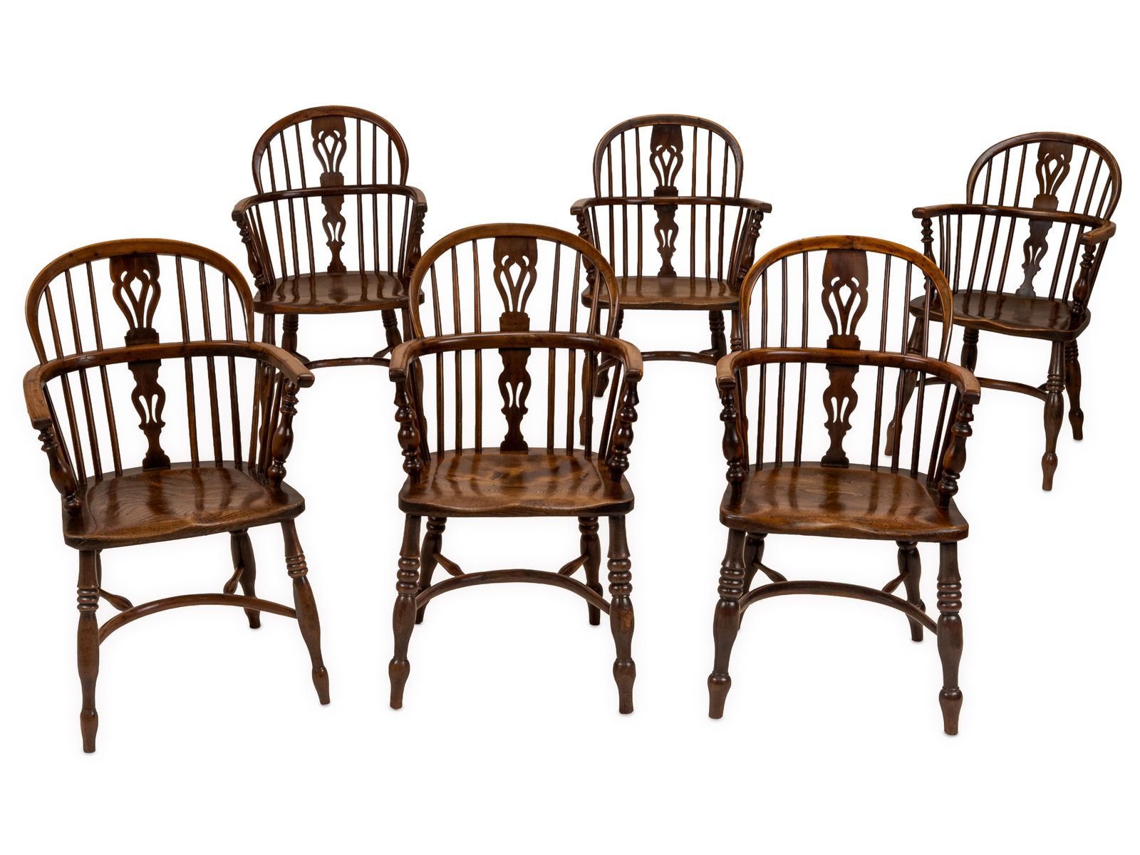 photo for sale Matched Set Of Six Early 19th Century English Yew & Elm Windsor Armchairs With Crinoline Stretchers, C.1820–1840
