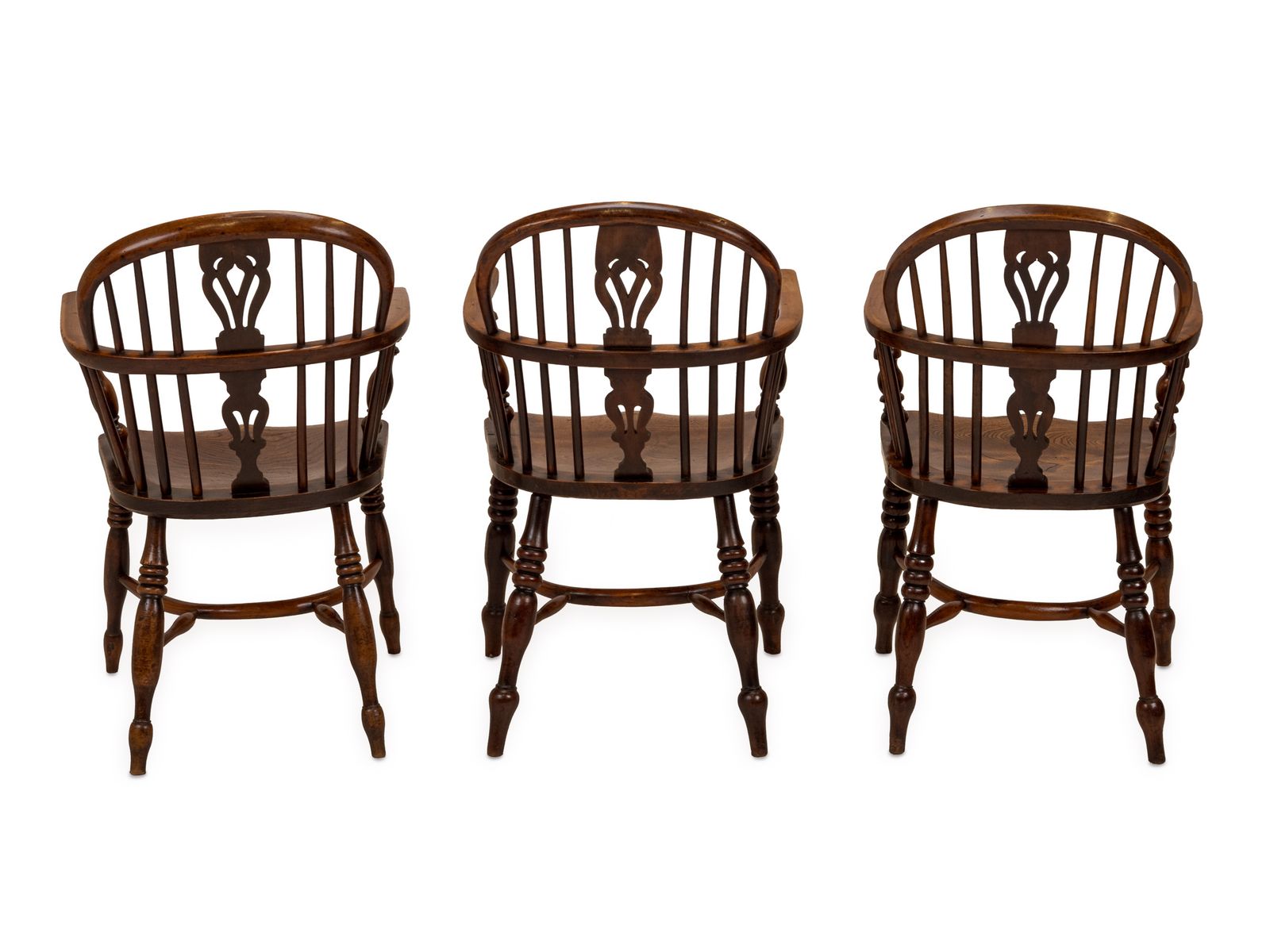 photo vintage Matched Set Of Six Early 19th Century English Yew & Elm Windsor Armchairs With Crinoline Stretchers, C.1820–1840