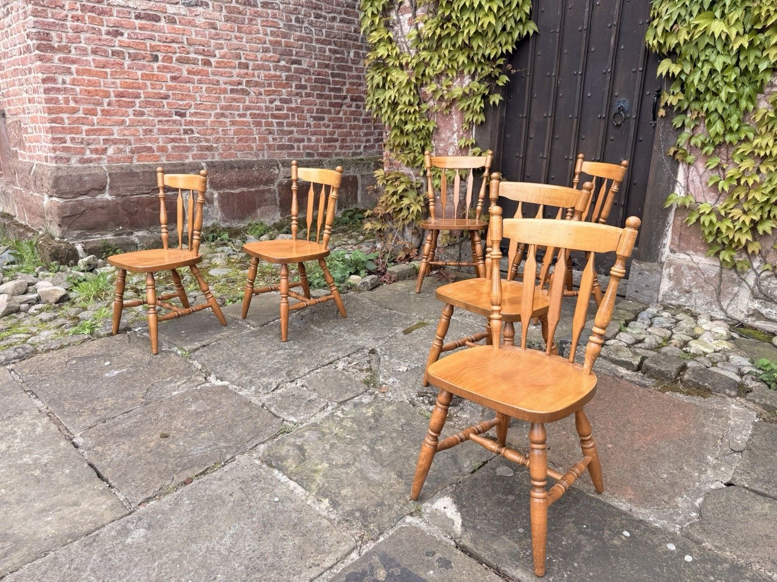 Rustic Farmhouse Country Cottage Roman Spindle Back Kitchen Dining Chairs Set 6 photo for sale