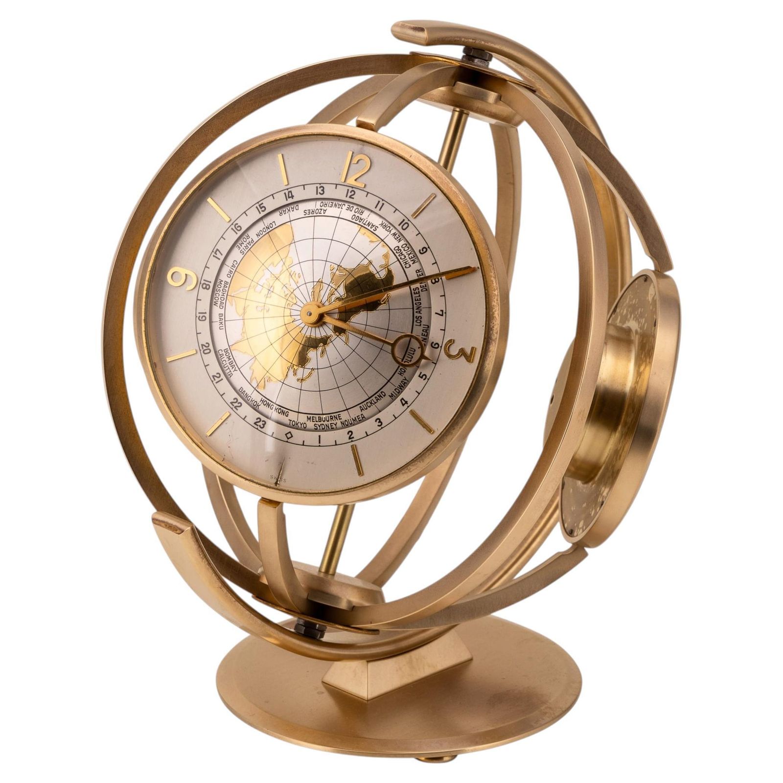 Vintage Swiss Gilded Rotating Desk Compendium, World Time Clock, 1960