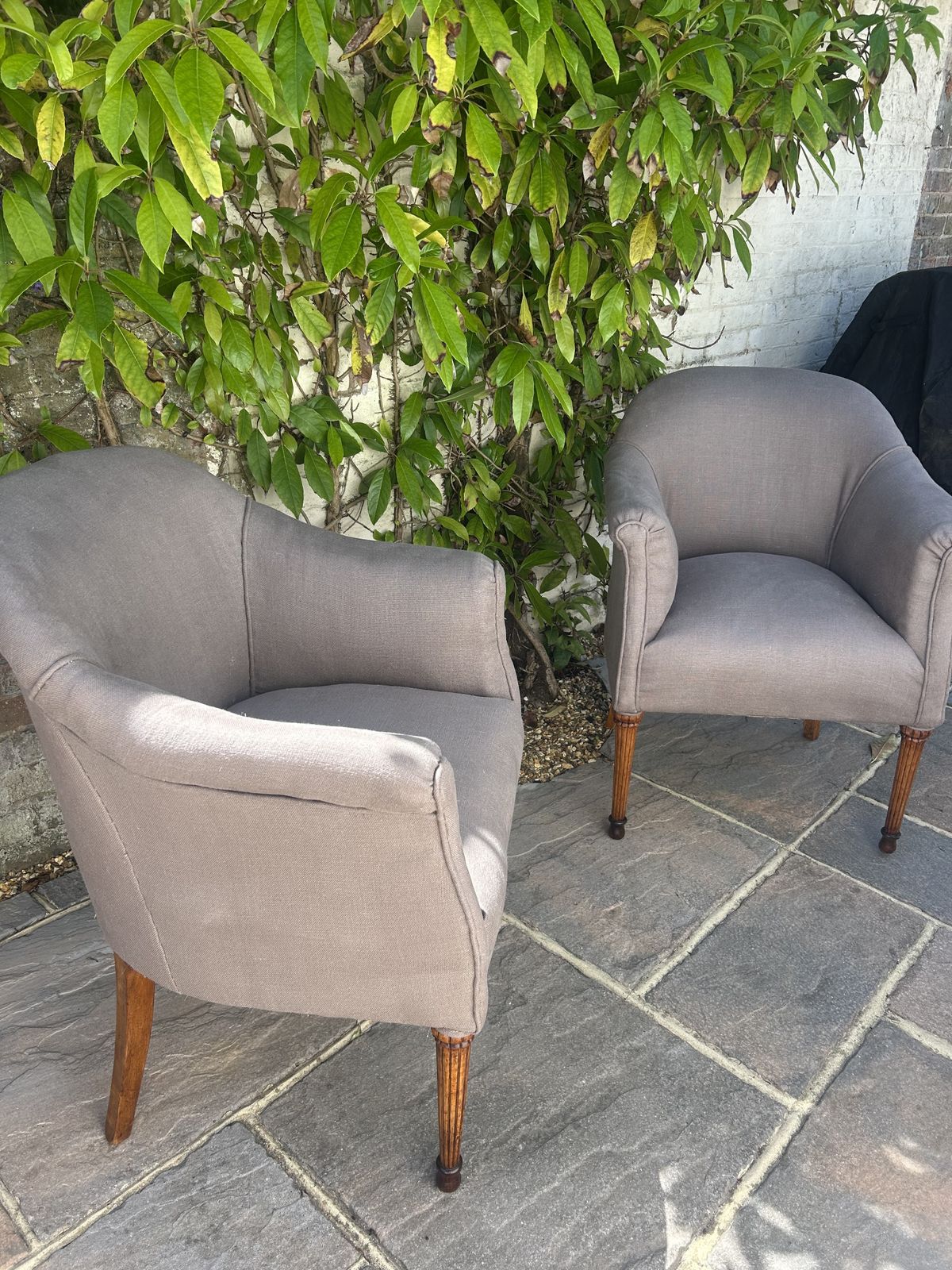 Pair Of Antique French Tub Chairs With Fluted Legs And New Upholstery
