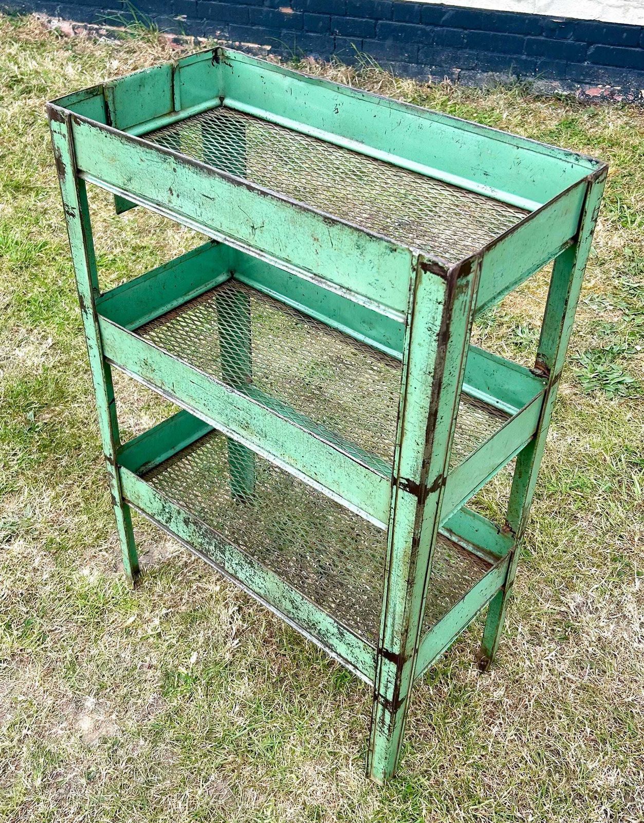 Industrial Factory Green Shelving Unit Trolley Cabinet Storage Metal Vintage Antique Bathroom Rack Mancave Kitchen Retro Drinks photo furniture