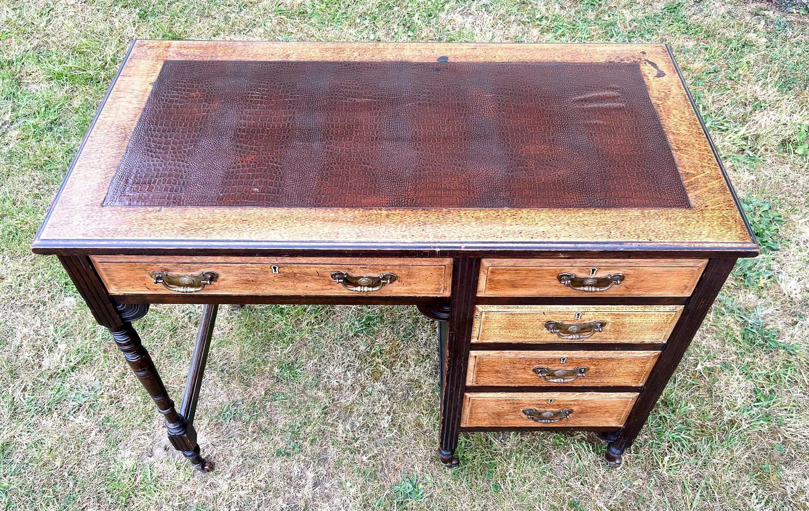 Victorian Aesthetic Movement Antique Oak Desk Cabinet Vintage Storage Arts And Crafts Office Leather Wooden Table Crocodile Leather photo Furniture