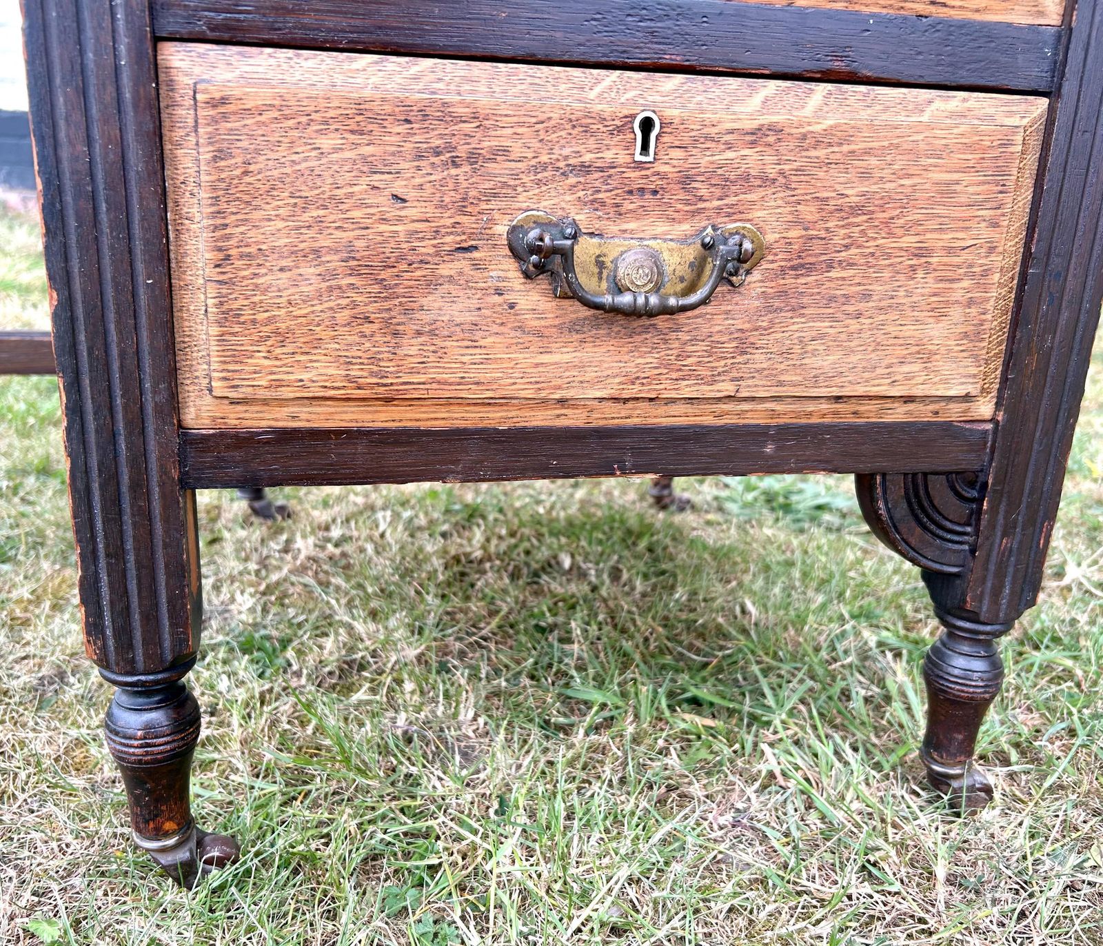 photo for sale Victorian Aesthetic Movement Antique Oak Desk Cabinet Vintage Storage Arts And Crafts Office Leather Wooden Table Crocodile Leather