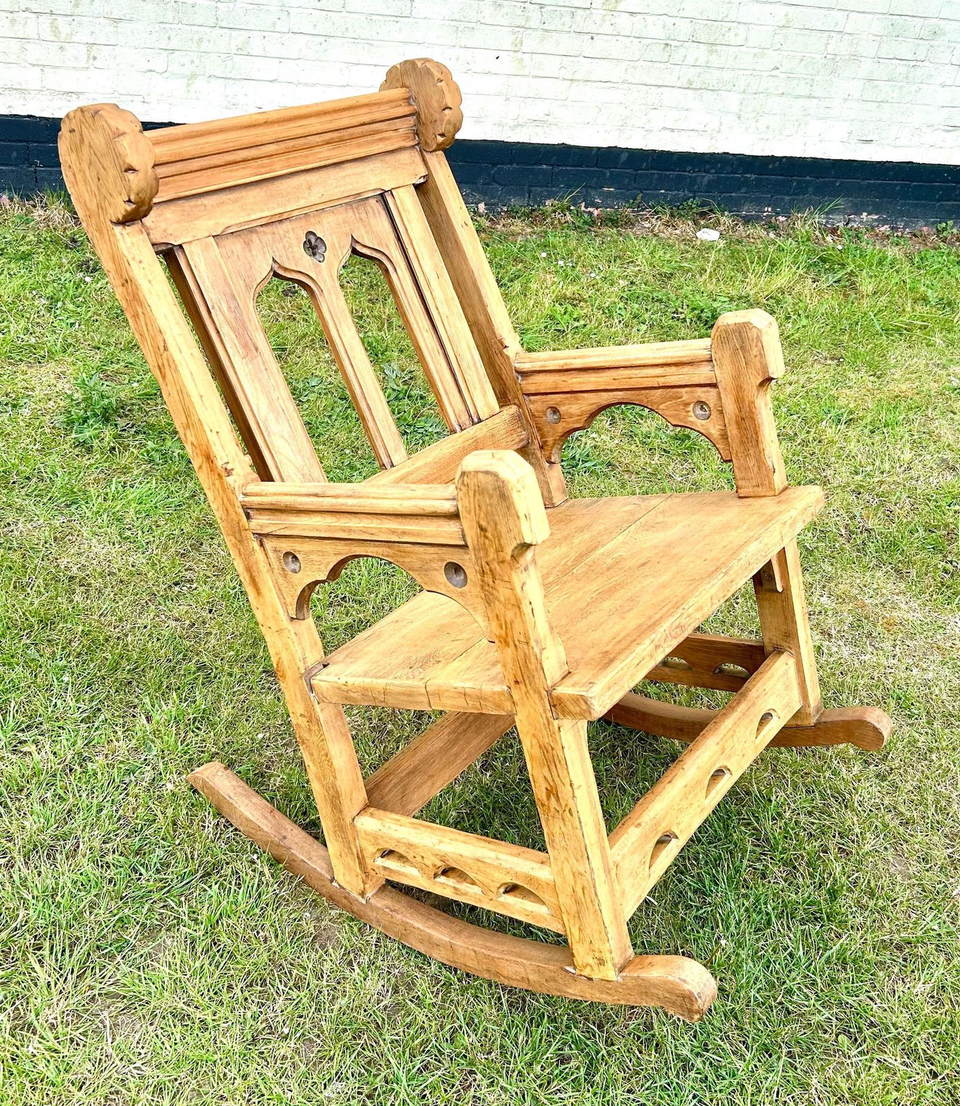 Gothic Pine Rocking Chair Monk Lambing Pew Bench Church Wooden Hall Vintage Antique Industrial Seating Settle Victorian Porch photo 275.0