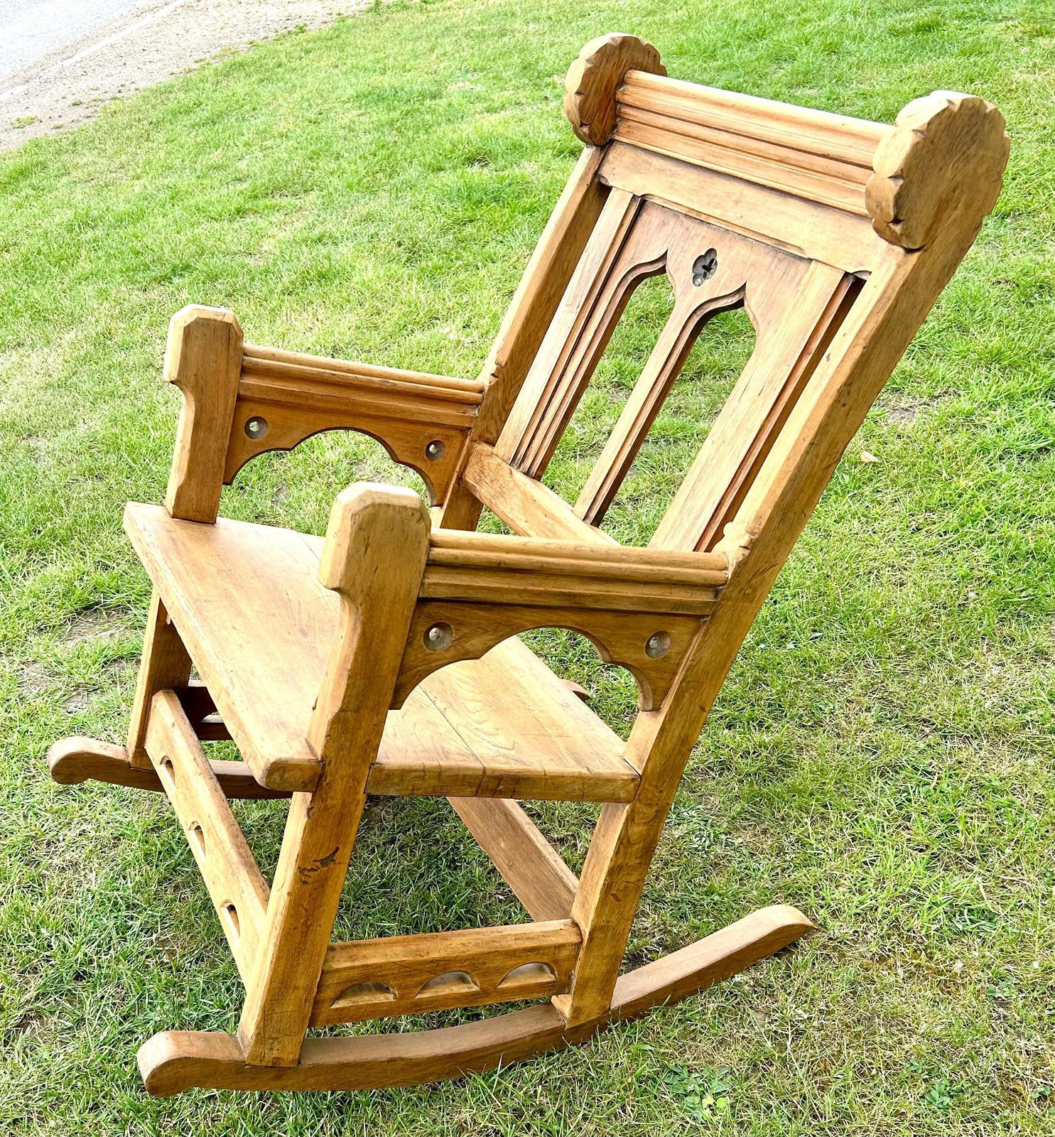 Gothic Pine Rocking Chair Monk Lambing Pew Bench Church Wooden Hall Vintage Antique Industrial Seating Settle Victorian Porch photo vinterior
