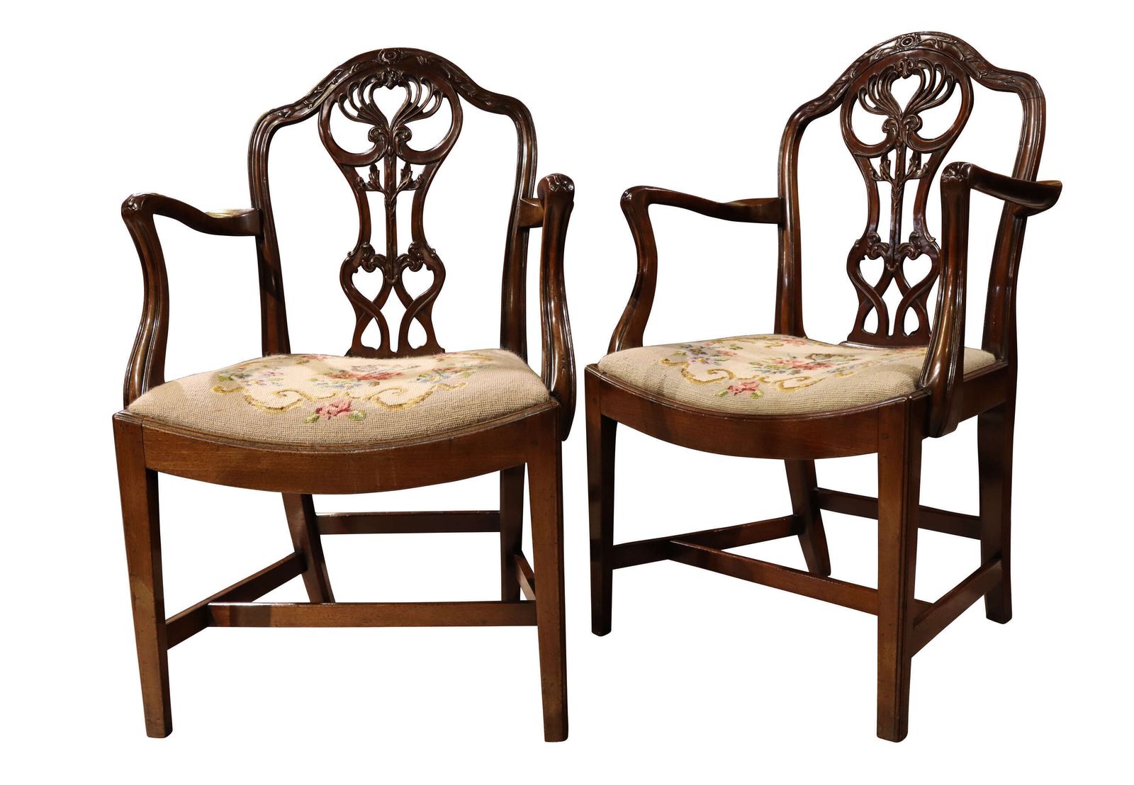 Pair Of Edwardian Mahogany Chippendale Revival Open Armchairs / Elbow Chairs photo furniture