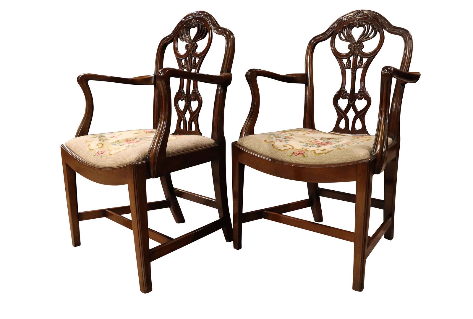 Pair Of Edwardian Mahogany Chippendale Revival Open Armchairs / Elbow Chairs photo Furniture