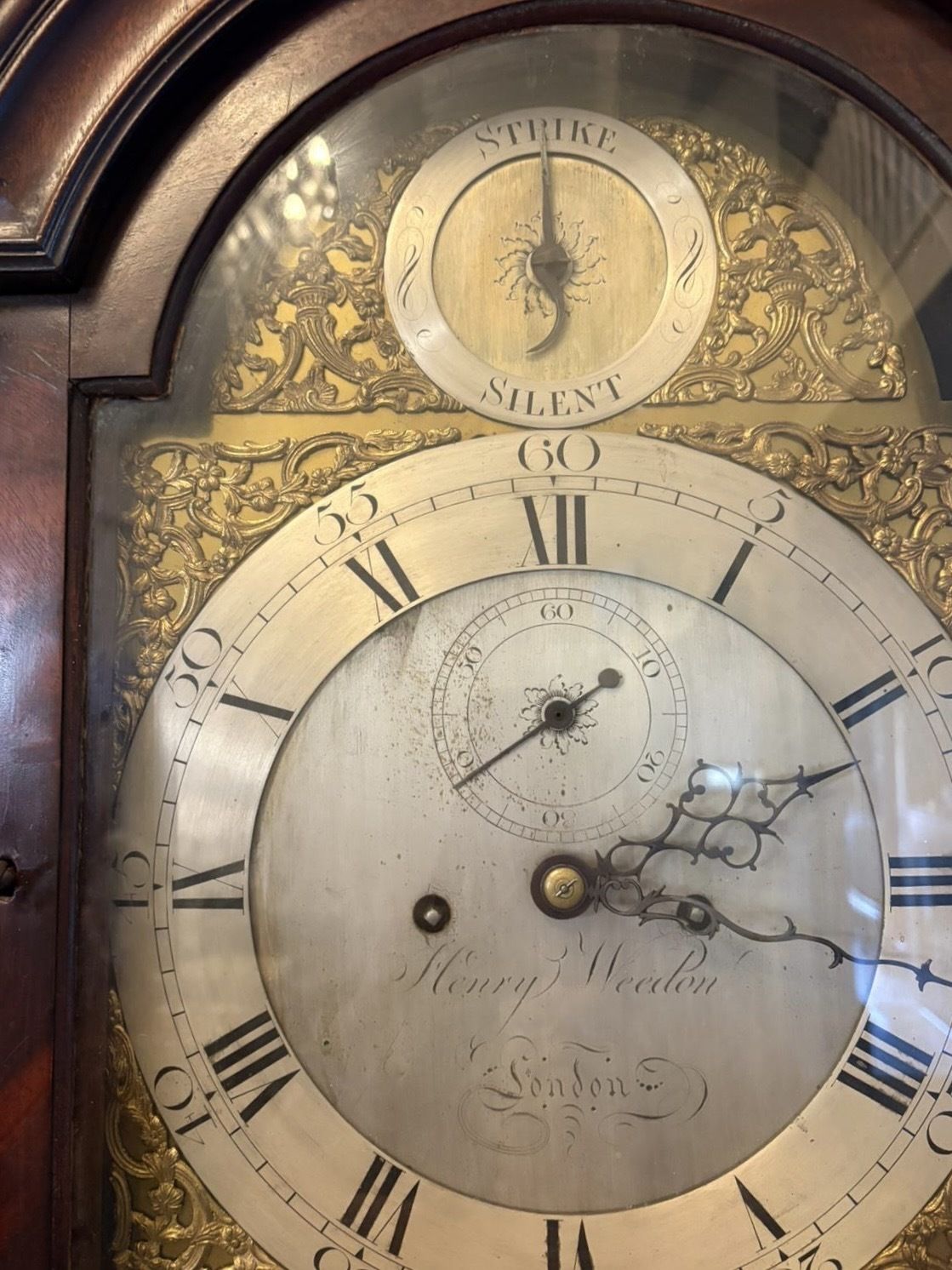 photo buy Antique 18th Century Mahogany 8 Day Strike Silent Longcase Clock Henry Weedon London