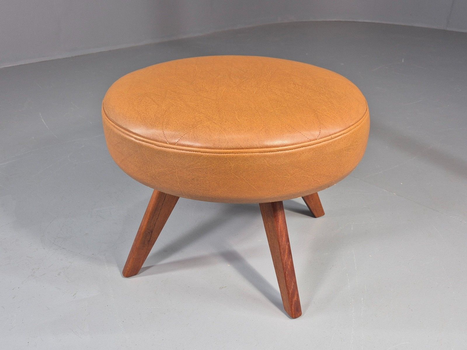Vintage Mid Century Foot Stool Brown Vinyl Danish Teak Round Retro Mcm Eb12022 photo Furniture