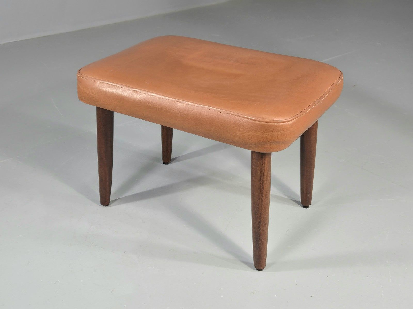 Vintage Danish Mid Century Footstool Teak Legs Brown Vinyl  1960s Retro Eb12023