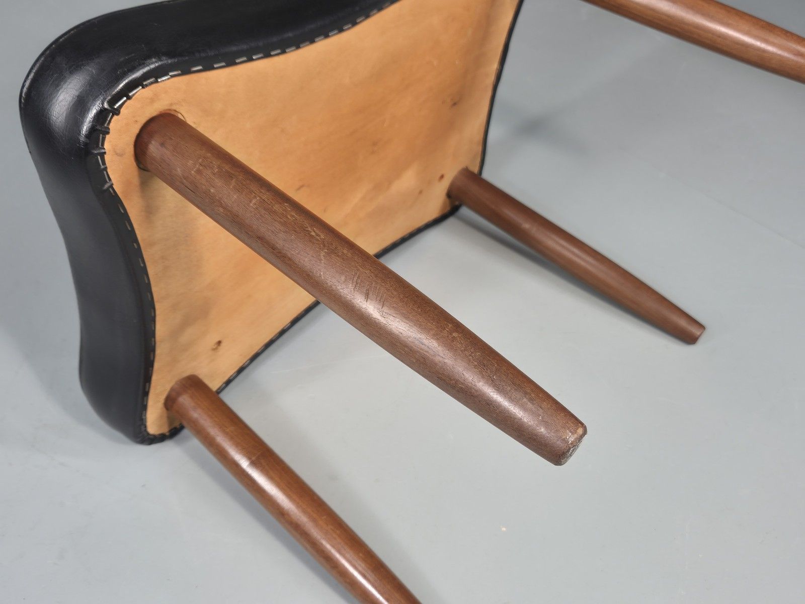 photo for sale Vintage Mid Century Danish Footstool Black Vinyl Teak Legs 1960s Retro Eb12025