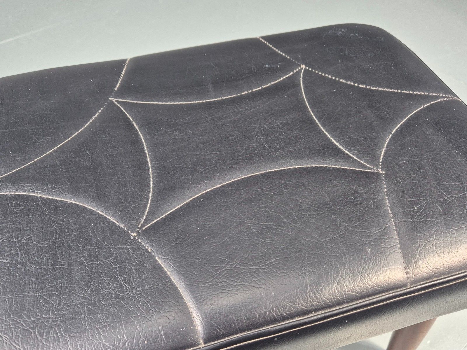 photo for sale Vintage Mid Century Footstool Danish Black Vinyl Teak Legs Stitch Detail Eb12031