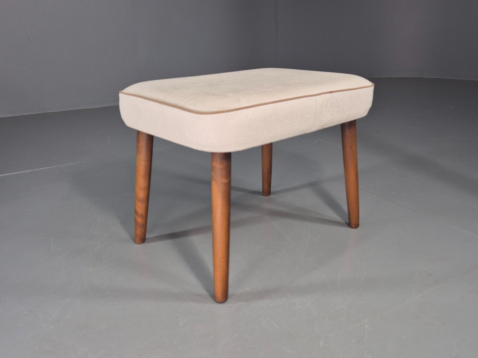 Vintage Mid Century Footstool Danish Cream Vinyl Retro 1960s Eb12054 photo furniture