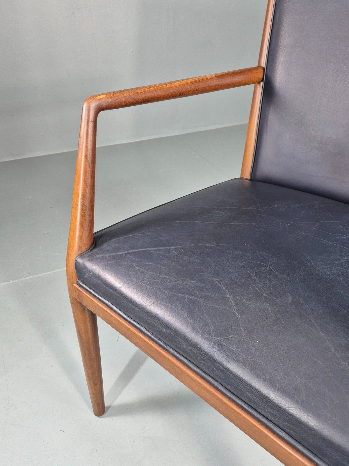 photo buy Vintage Mid Century Teak Armchair Blue Leather 1960s Retro Eb11905