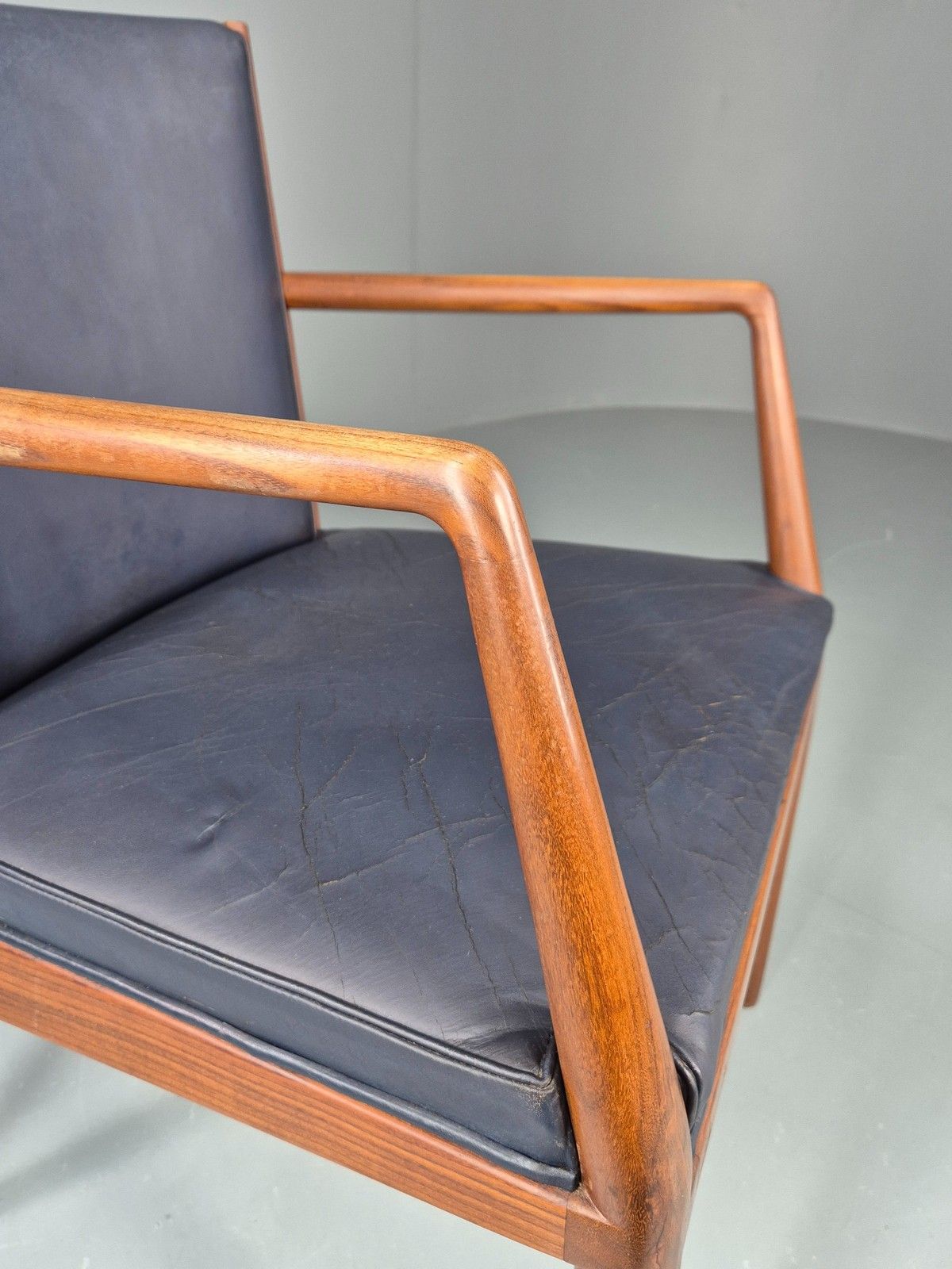Vintage Mid Century Teak Armchair Blue Leather 1960s Retro Eb11910 photo buy