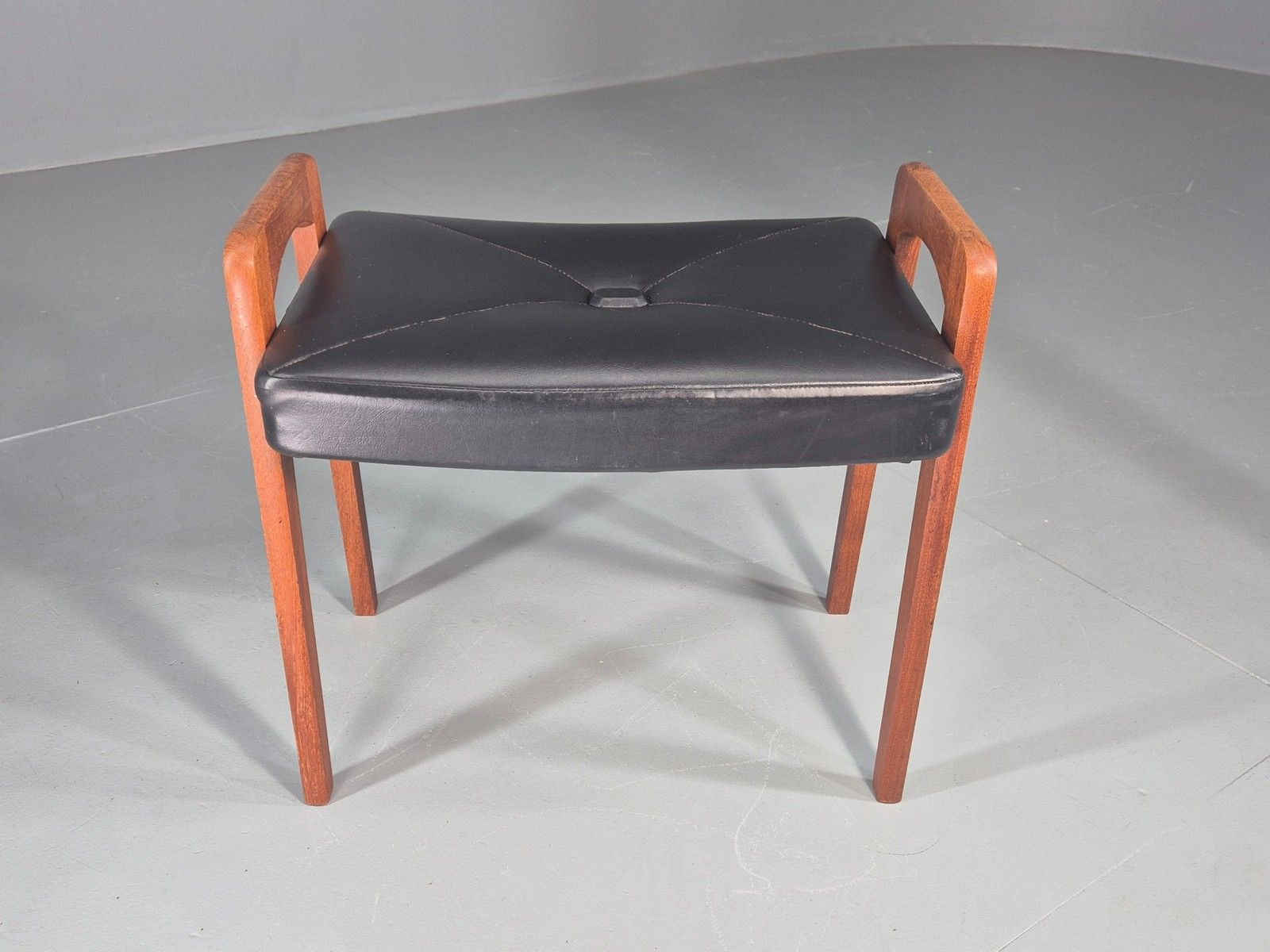 Vintage Danish Mid Century Footstool 1960s Teak Black Vinyl Retro Eb12087 photo 70.0