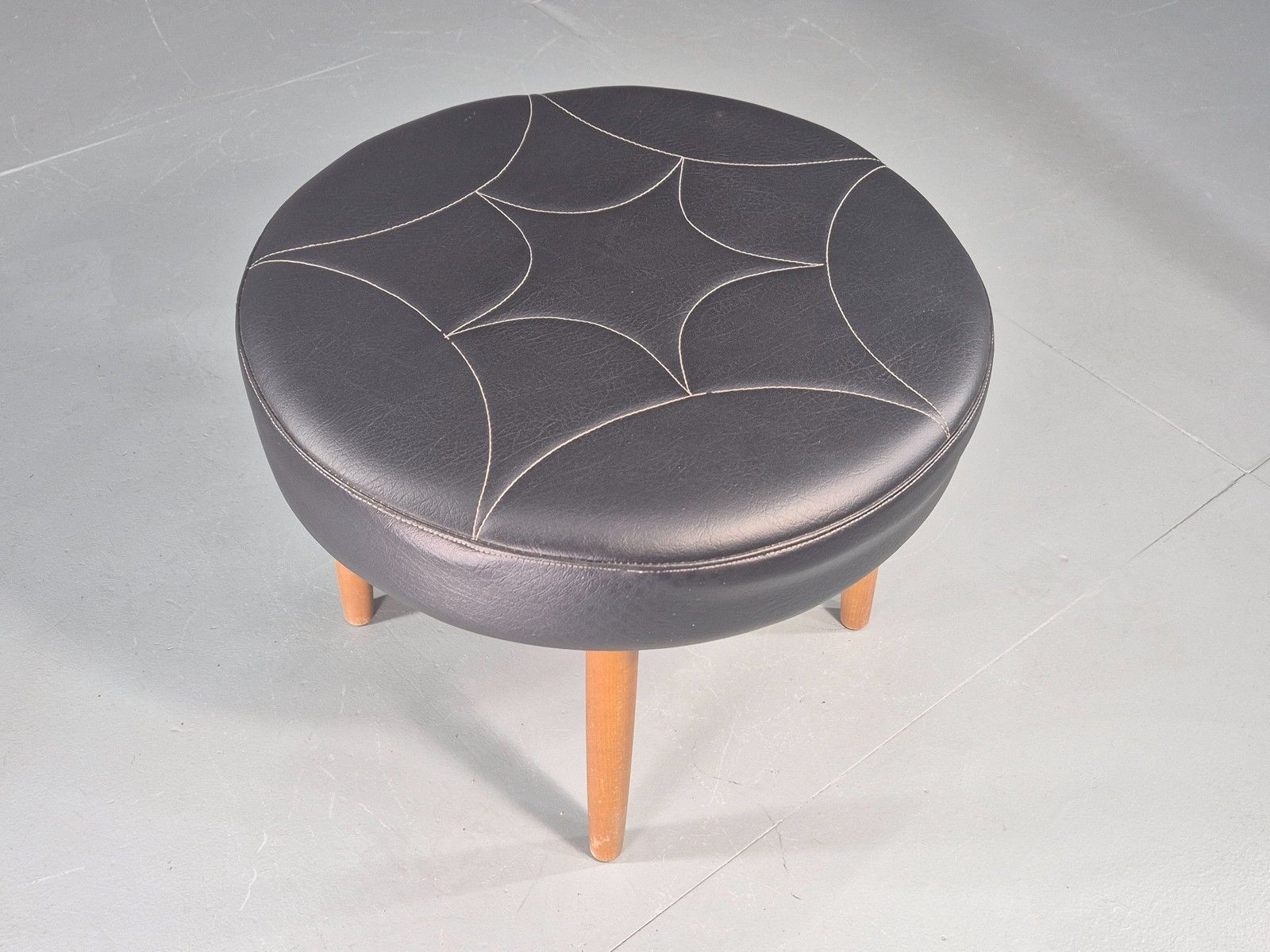 Vintage Danish Mid Century Footstool Black Vinyl Round Beech Legs Retro Eb12092 photo Furniture