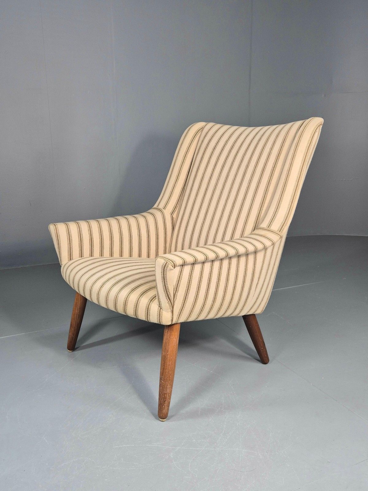 Vintage Mid Century Lounge Chair Danish Design 1960s Cream Wool Stripe Eb12095