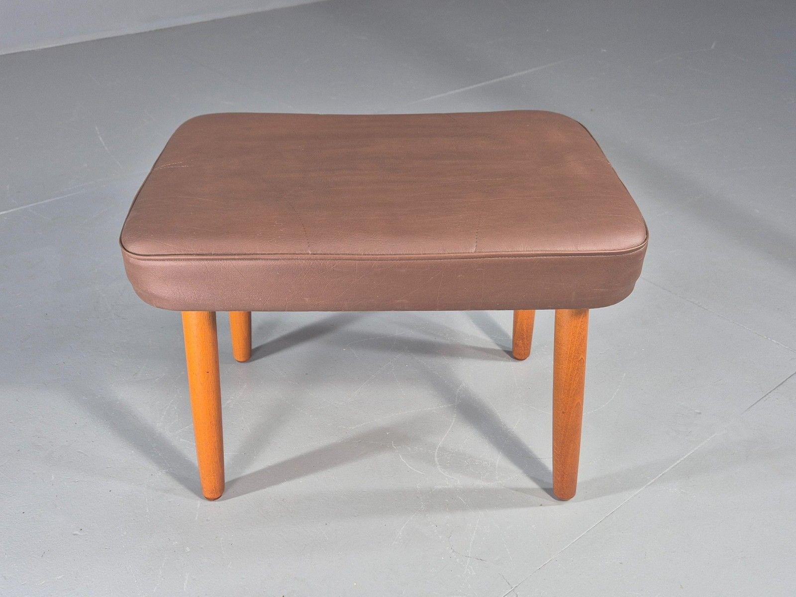 Vintage Danish Mid Century Footstool Brown Vinyl Beech Legs Retro 1960s Eb12090 photo furniture
