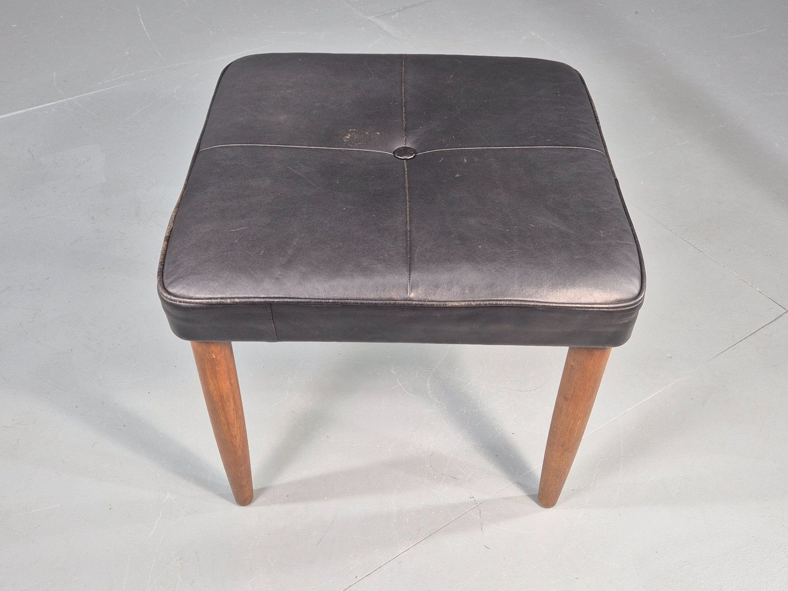 Vintage Mid Century Footstool Danish Black Leather Teak Legs 1960s Retro Eb12097 photo furniture