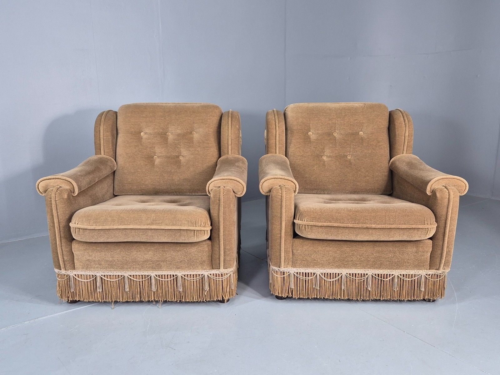 Vintage 1970s Lounge Chairs Green Velour Tassels Wing Back Danish Retro Eb12137 photo for sale