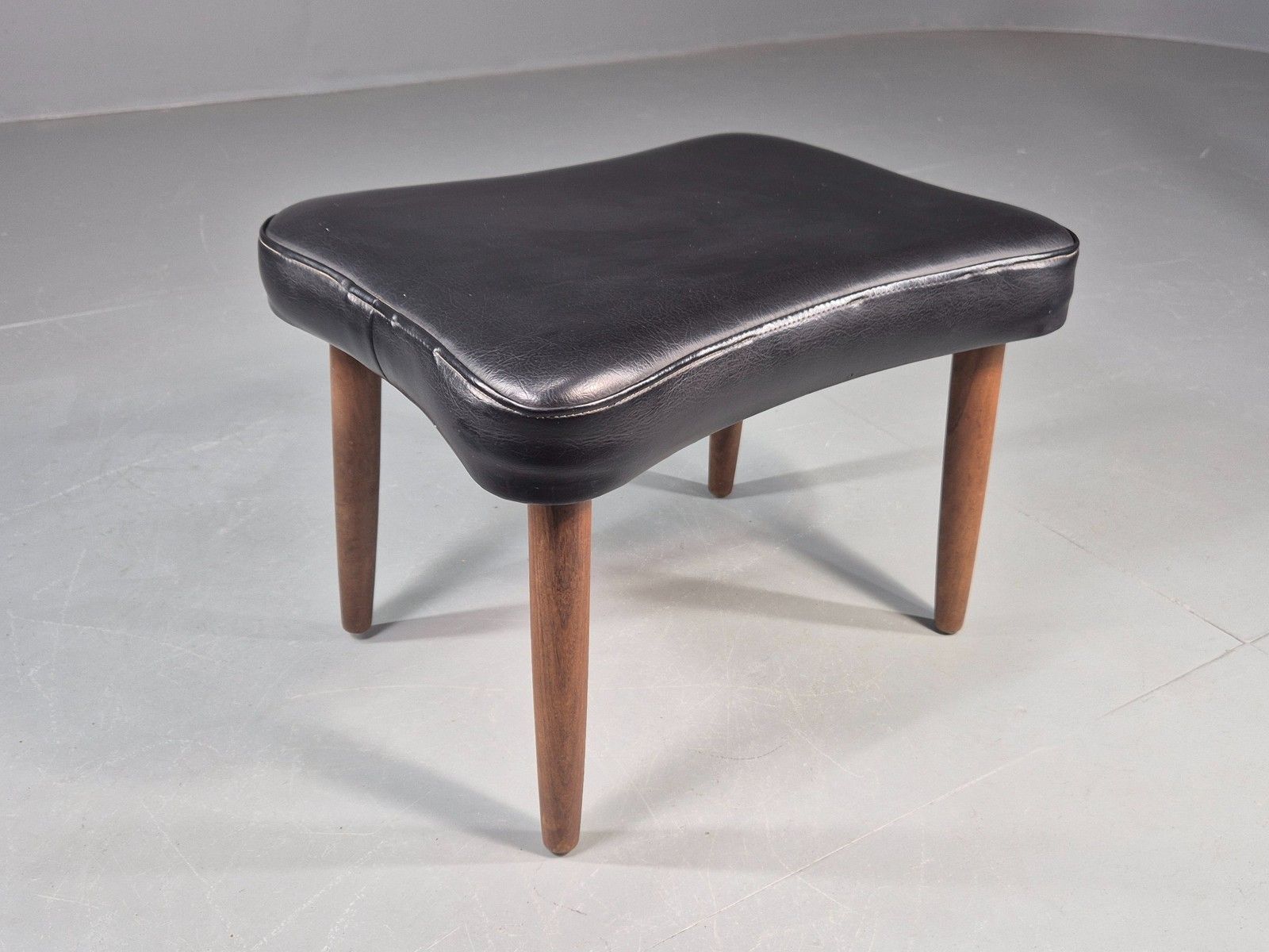 Vintage Danish Mid Century Footstool Black Vinyl Teak Legs 1960s Retro Eb12153