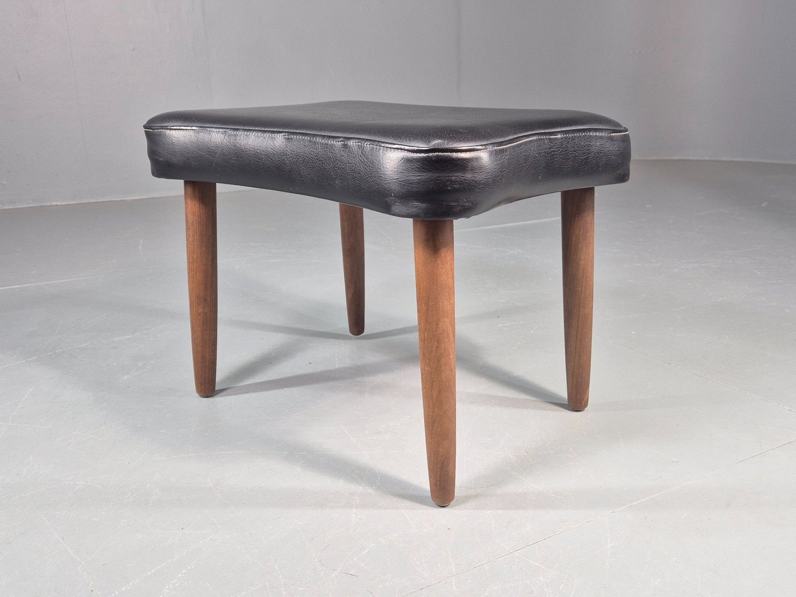 Vintage Danish Mid Century Footstool Black Vinyl Teak Legs 1960s Retro Eb12153 photo for sale