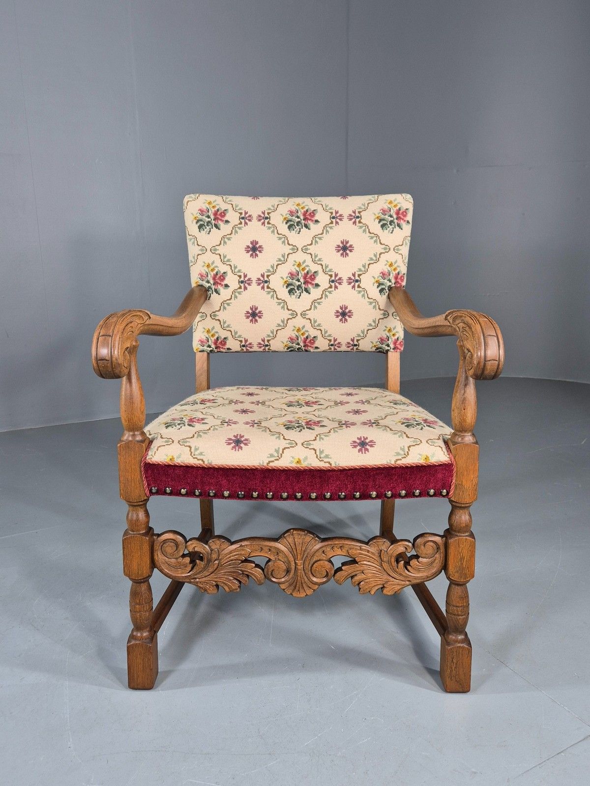 Vintage Danish Baroque Armchair Carved Oak Frame Tapestry Seat Eb12113 photo furniture