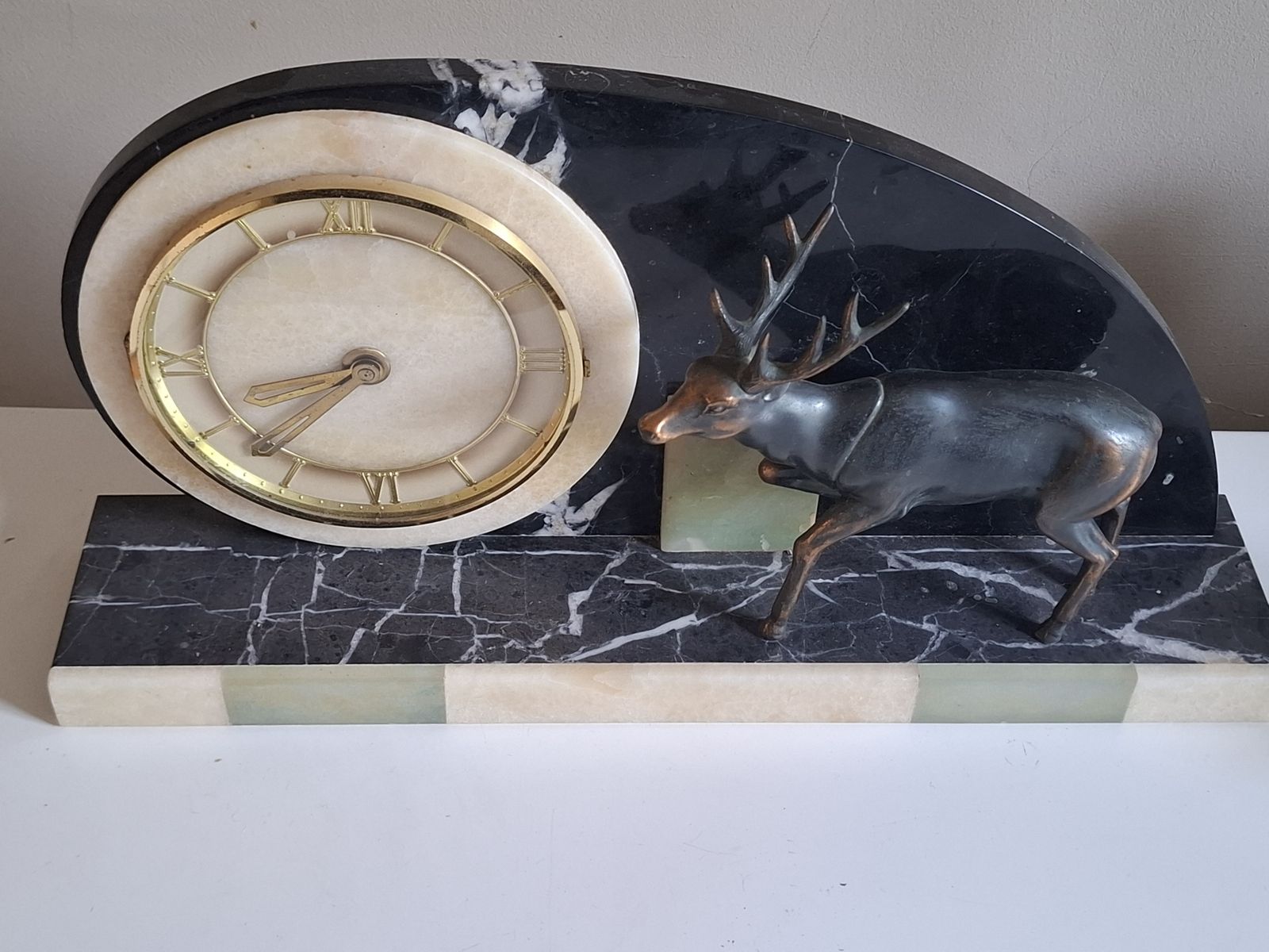 French Art Deco Mantle Clock On Marble Base With Spelter Deer Figurine photo Home Decor