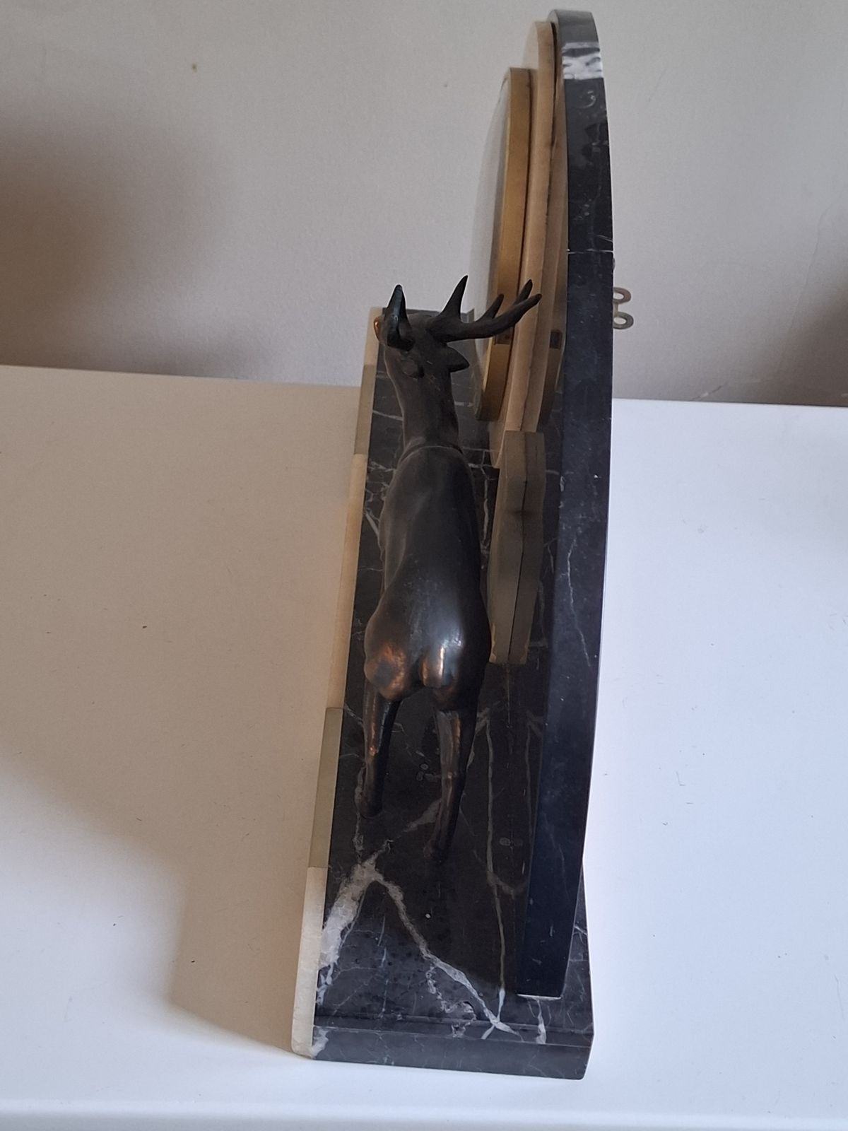 French Art Deco Mantle Clock On Marble Base With Spelter Deer Figurine photo buy